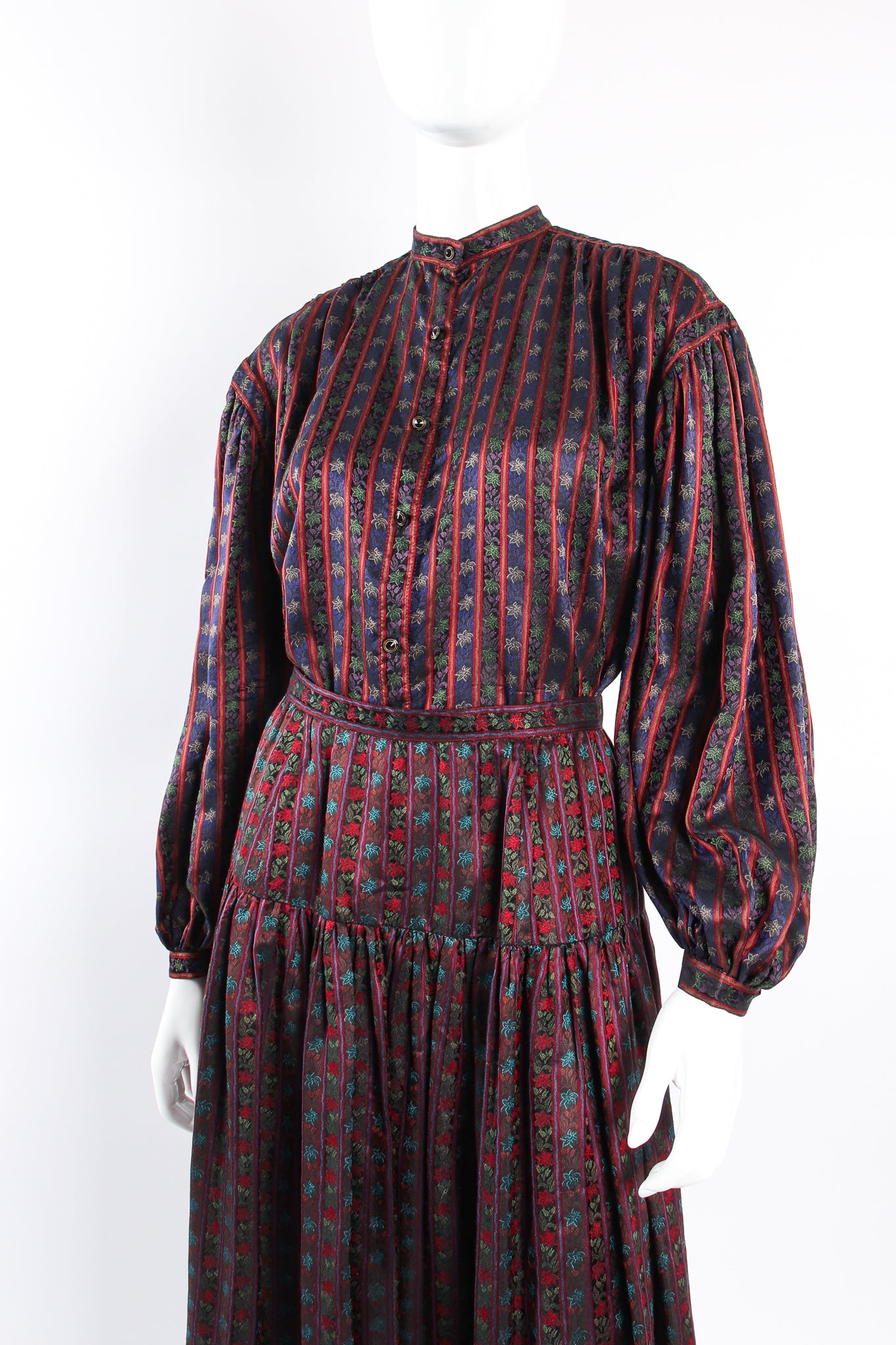 Vintage Emanuel Ungaro Parallèle Ribbon Stripe Blouse & Skirt Set on mannequin crop at Recess Los Angeles