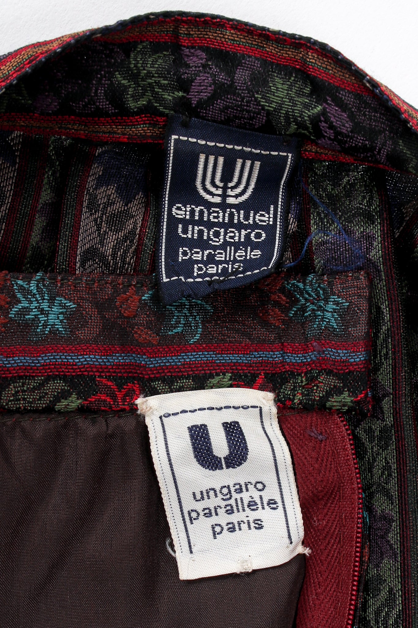 Vintage Emanuel Ungaro Parallèle Ribbon Stripe Blouse Skirt Set labels at Recess Los Angeles