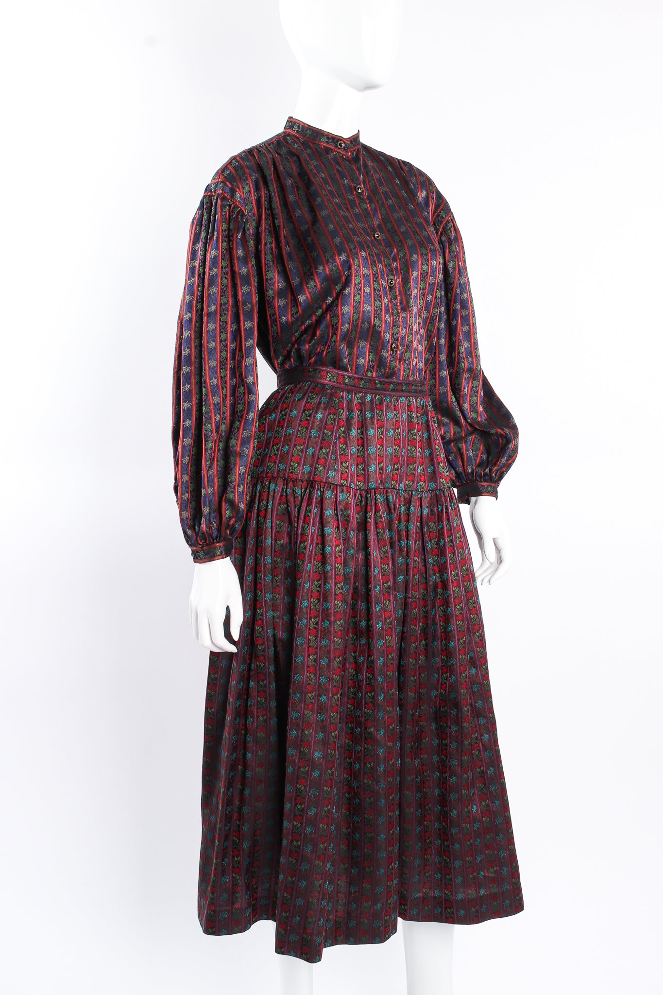 Vintage Emanuel Ungaro Parallèle Ribbon Stripe Blouse & Skirt Set on mannequin crop at Recess Los Angeles