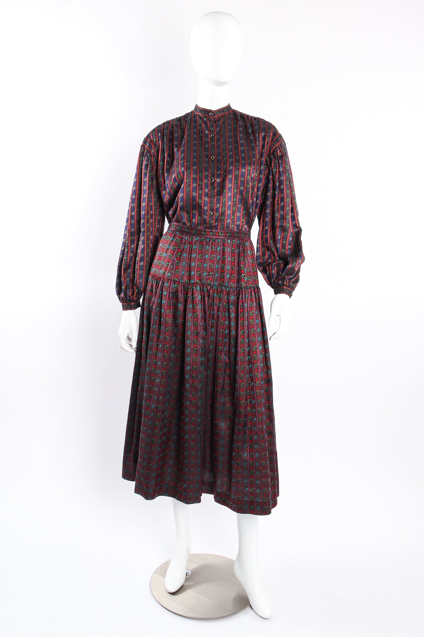 Vintage Emanuel Ungaro Parallèle Ribbon Stripe Blouse & Skirt Set on mannequin front at Recess Los Angeles