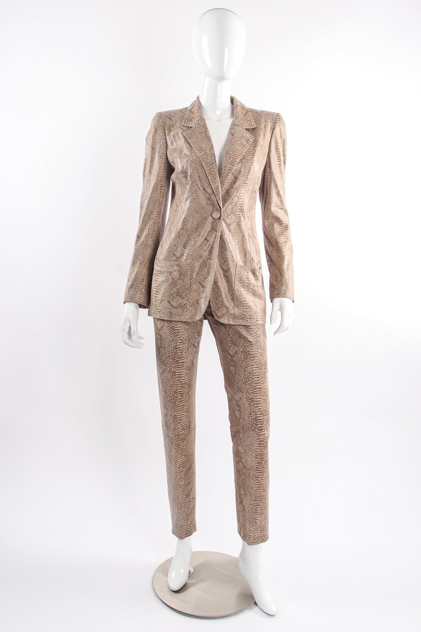 Vintage Emanuel Ungaro Suede Snakeskin Jacket & Pant Suit on Mannequin front @ Recess LA