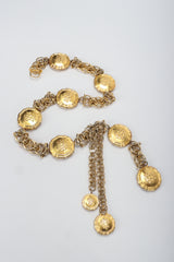 Vintage Emilio Pucci Gold Medallion Logo Chain Belt on grey