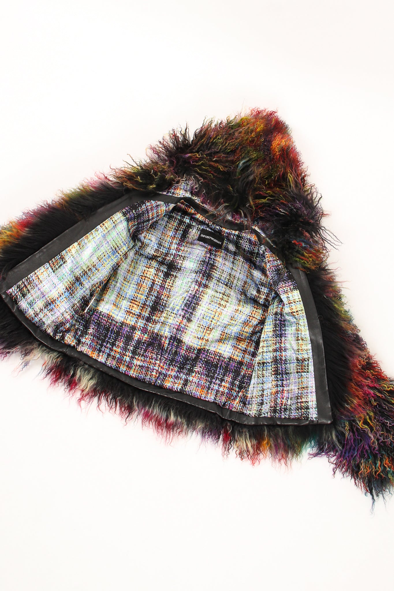 Vintage Emporio Armani Chubby Rainbow Mongolian Fur Jacket lining at Recess Los Angeles