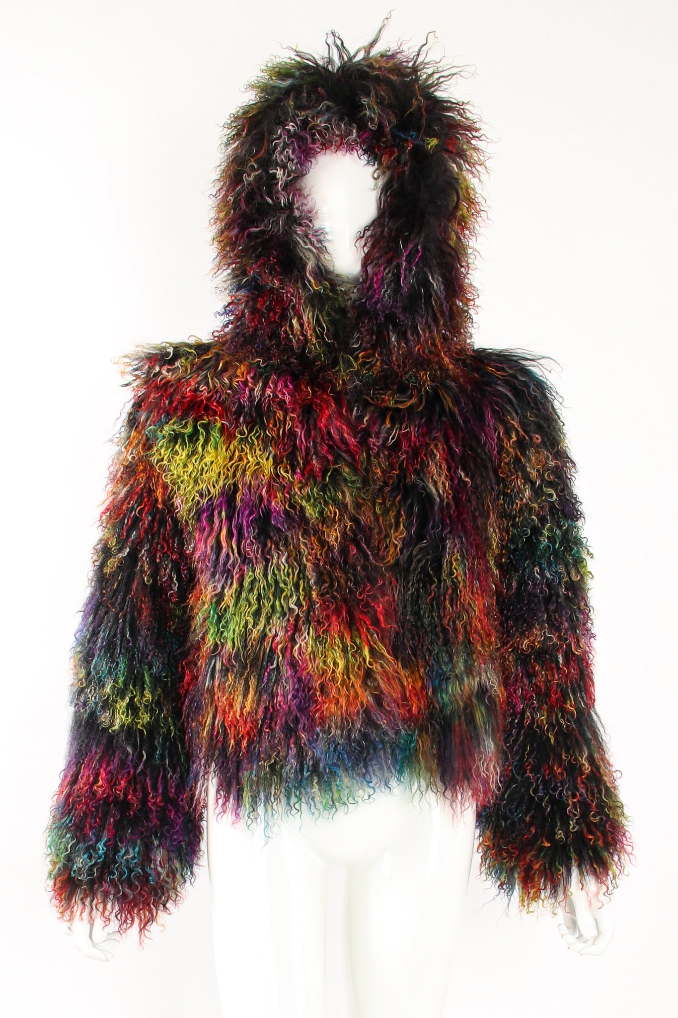 Vintage Emporio Armani Chubby Rainbow Mongolian Fur Jacket Hood on Mannequin front at Recess LA