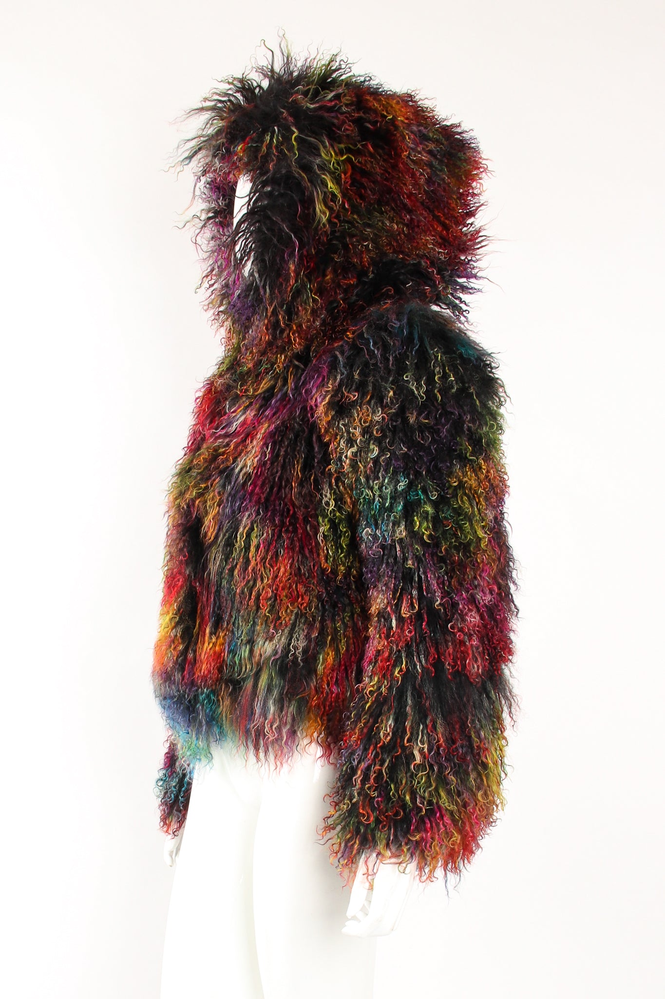 Vintage Emporio Armani Chubby Rainbow Mongolian Fur Jacket Hood on Mannequin side at Recess LA