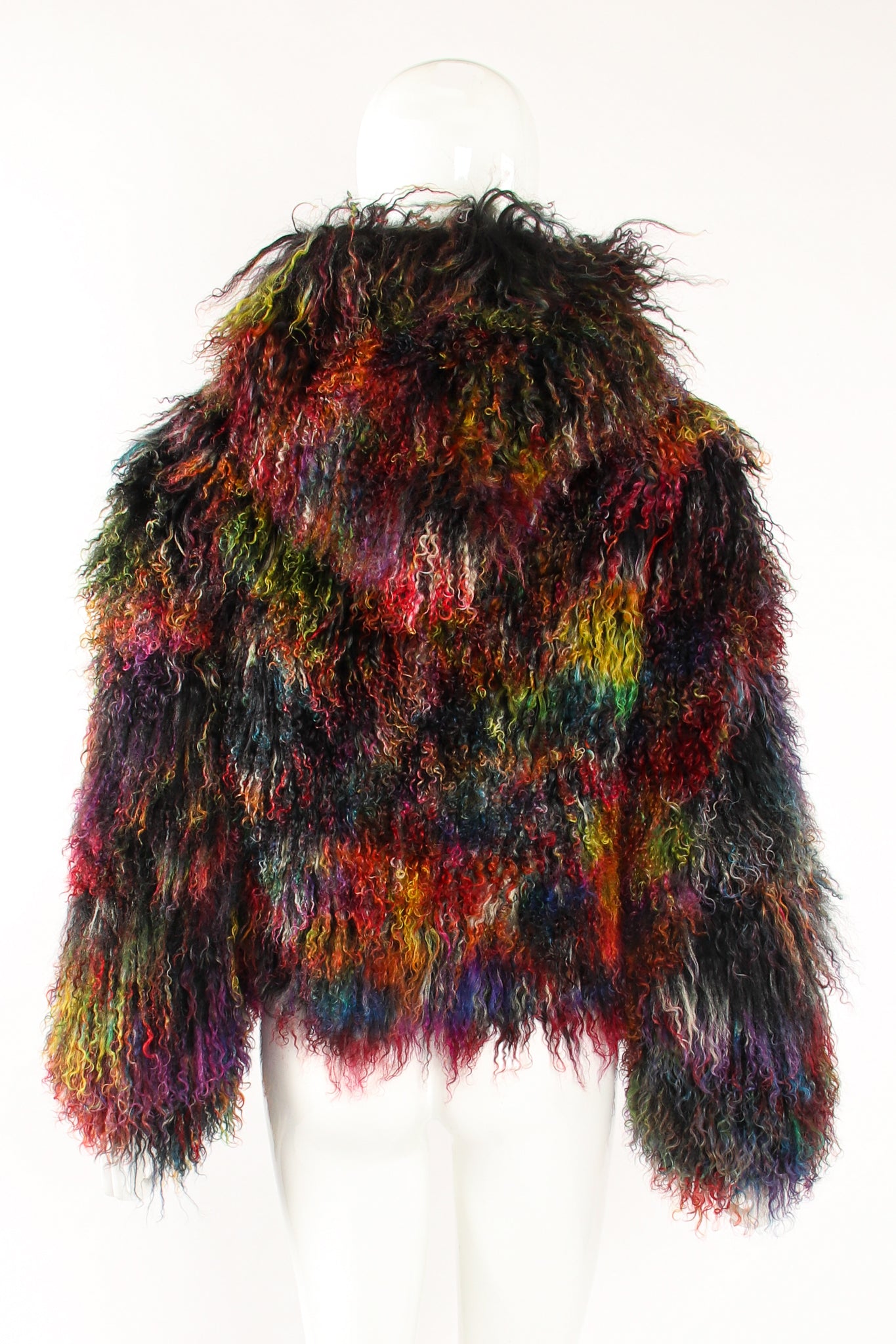 Vintage Emporio Armani Chubby Rainbow Mongolian Fur Jacket on Mannequin back at Recess LA