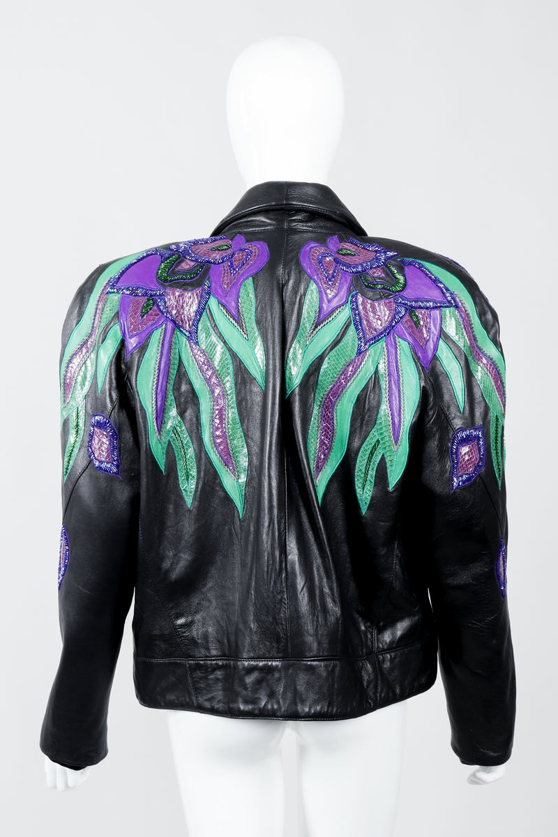 Vintage Erez Flaming Iris Leather Jacket on Mannequin back at Recess