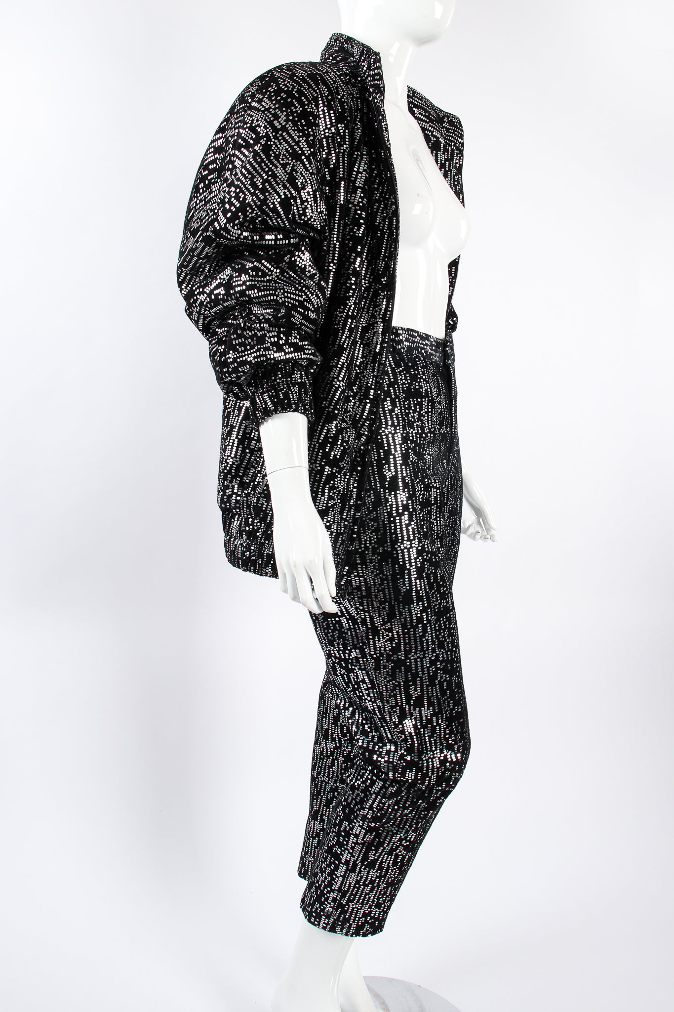 Vintage Ero Foiled Suede Bomber Jacket & Pant Set on Mannequin angle at Recess Los Angeles