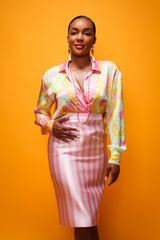 Brittany Hampton in Vintage Escada Pink Regency Candy Stripe Skirt on tangerine at Recess LA