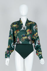 Vintage Escada Horse & Carriage Print Silk Surplice Bodysuit on Mannequin, front