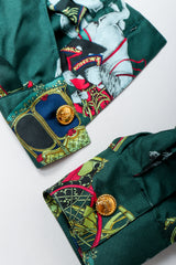 Vintage Escada Horse & Carriage Print Silk Surplice Bodysuit Sleeve Cuffs