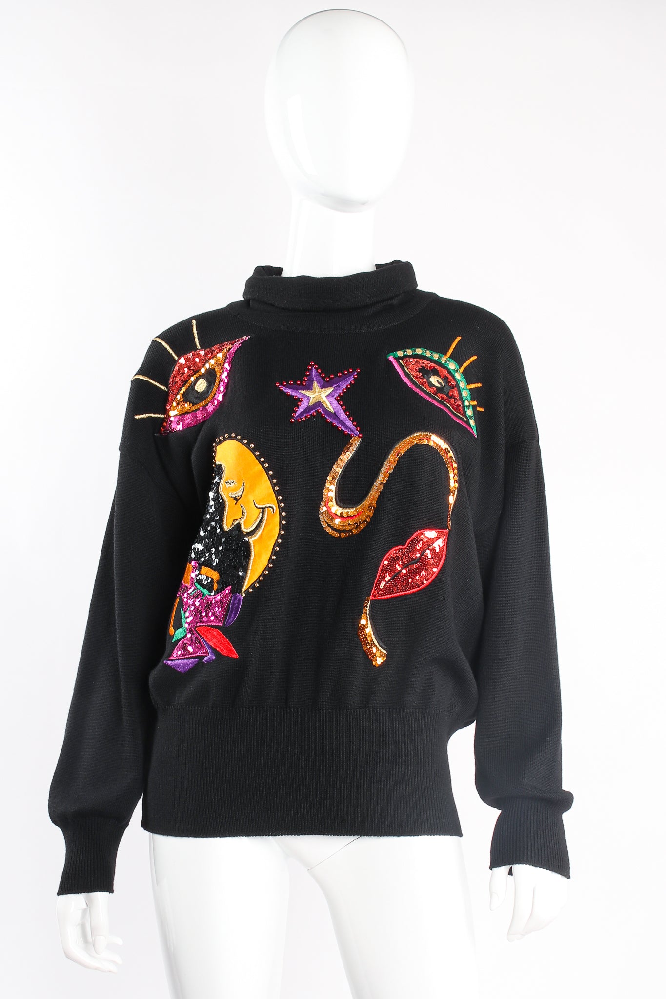 Vintage Escada Embellished Moon Appliqué Sweater on mannequin front at Recess Los Angeles
