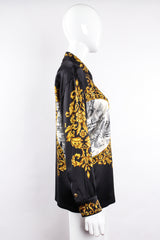 Vintage Escada Baroque Newspaper Print Shirt Galliano Inspired on Mannequin side at Recess LA