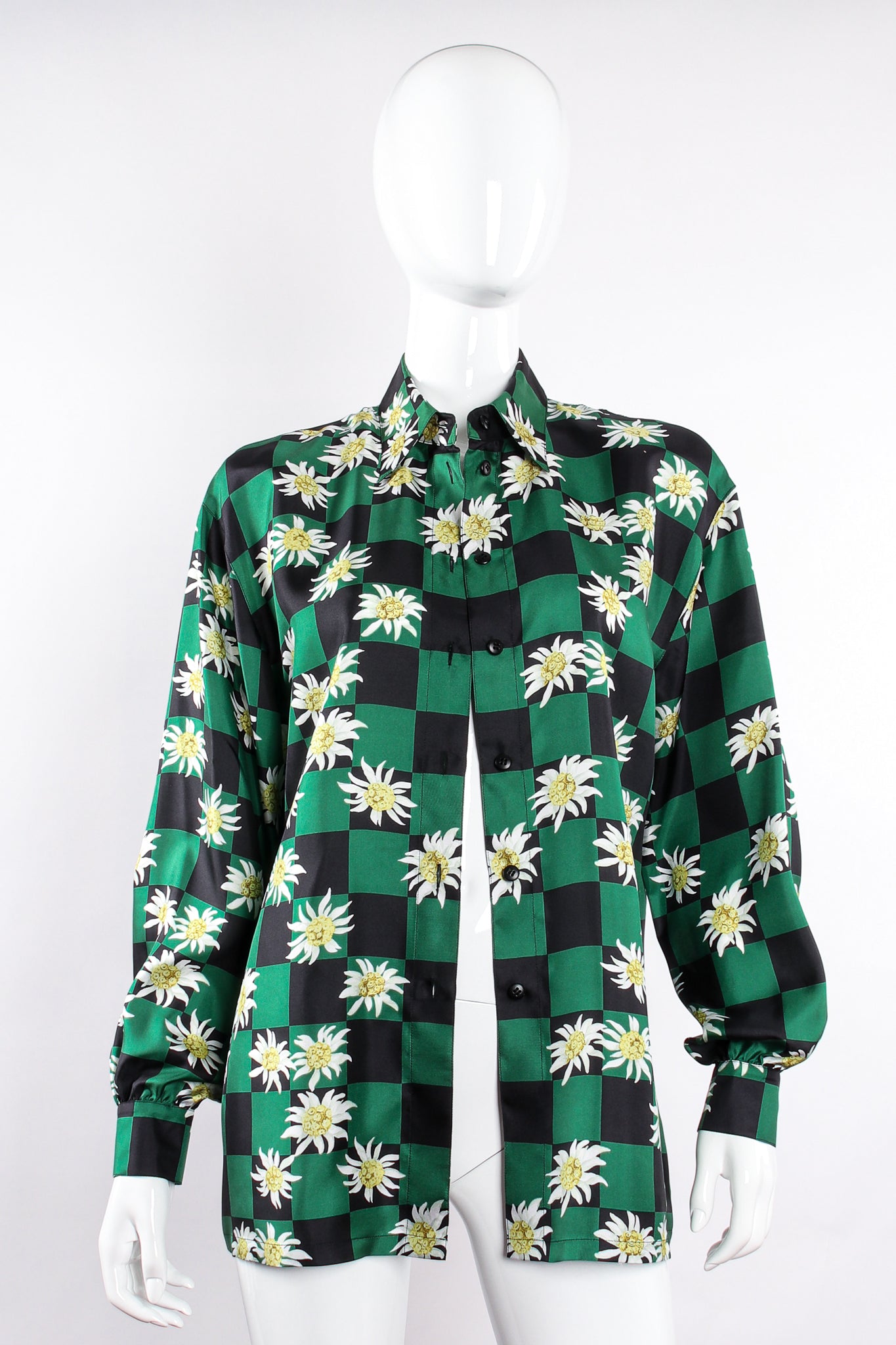 Vintage Escada Checkered Daisy Silk Twill Shirt on Mannequin open at Recess Los Angeles