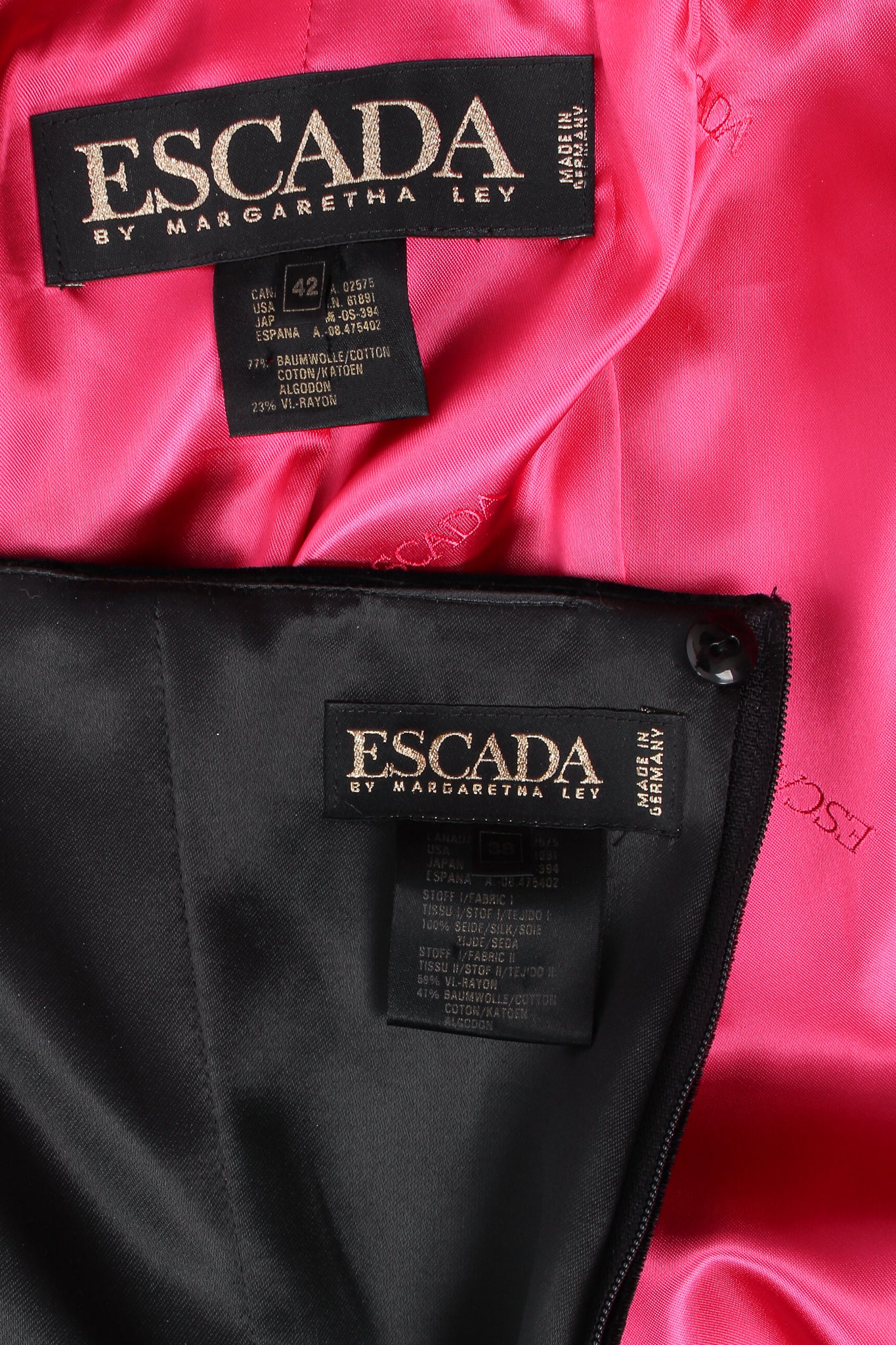 Vintage Escada Colorblock Satin Halter Ball Gown & Jacket labels at Recess Los Angeles