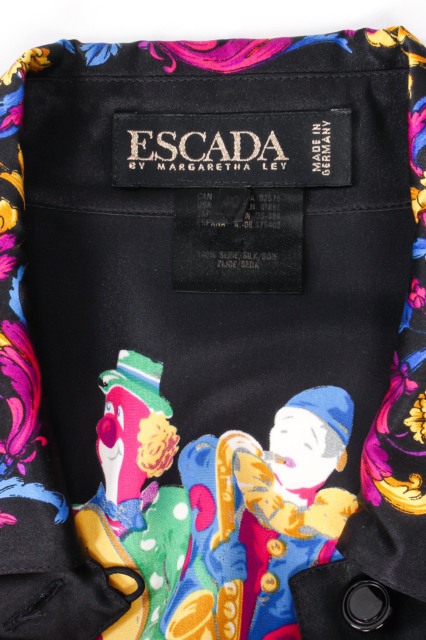 Vintage Escada Baroque Jovial Clown Print Shirt label at Recess Los Angeles