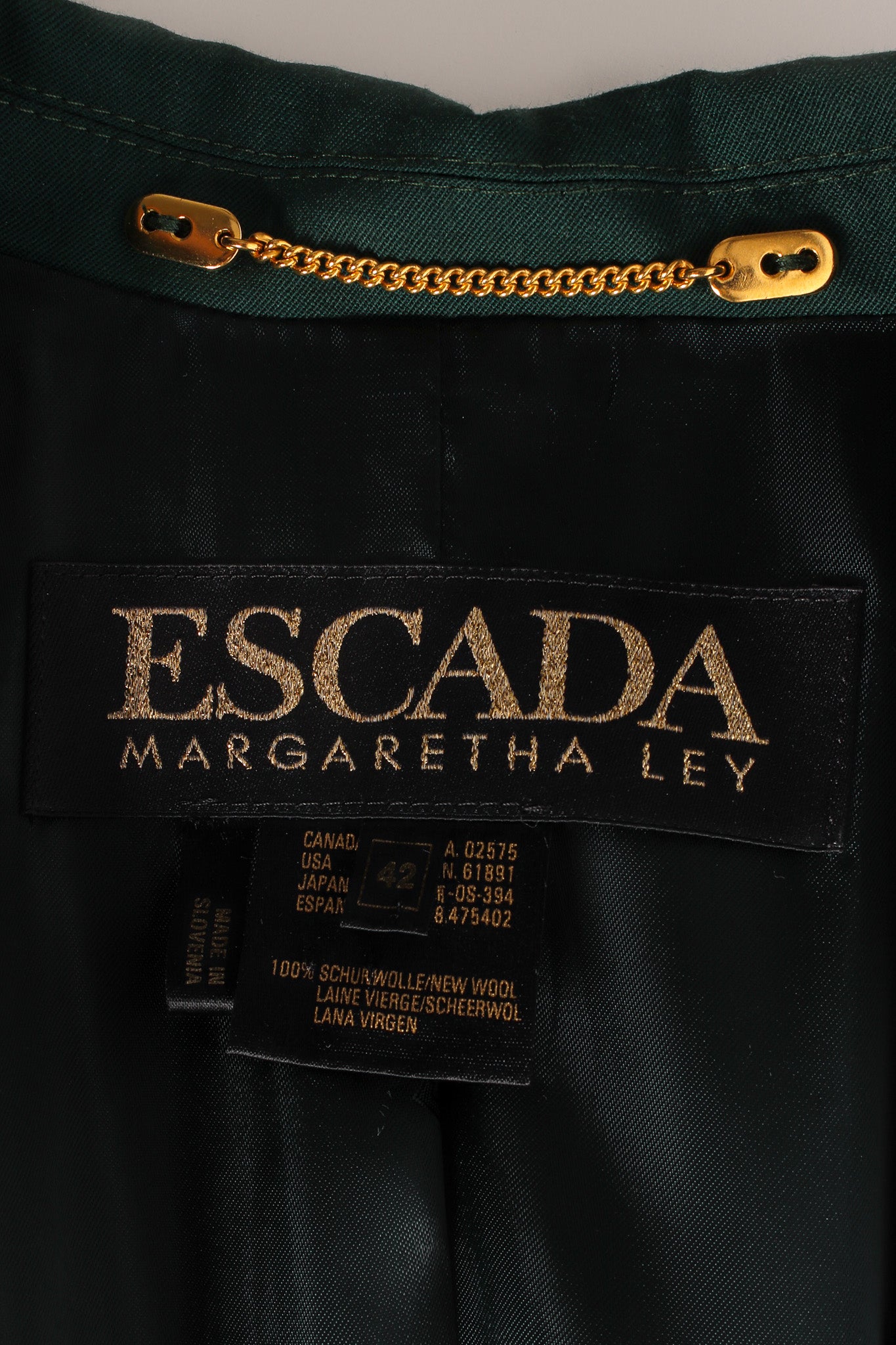 Vintage Escada Double Breasted Blazer & Pant Suit Set tag/metal chain hanger @ Recess LA