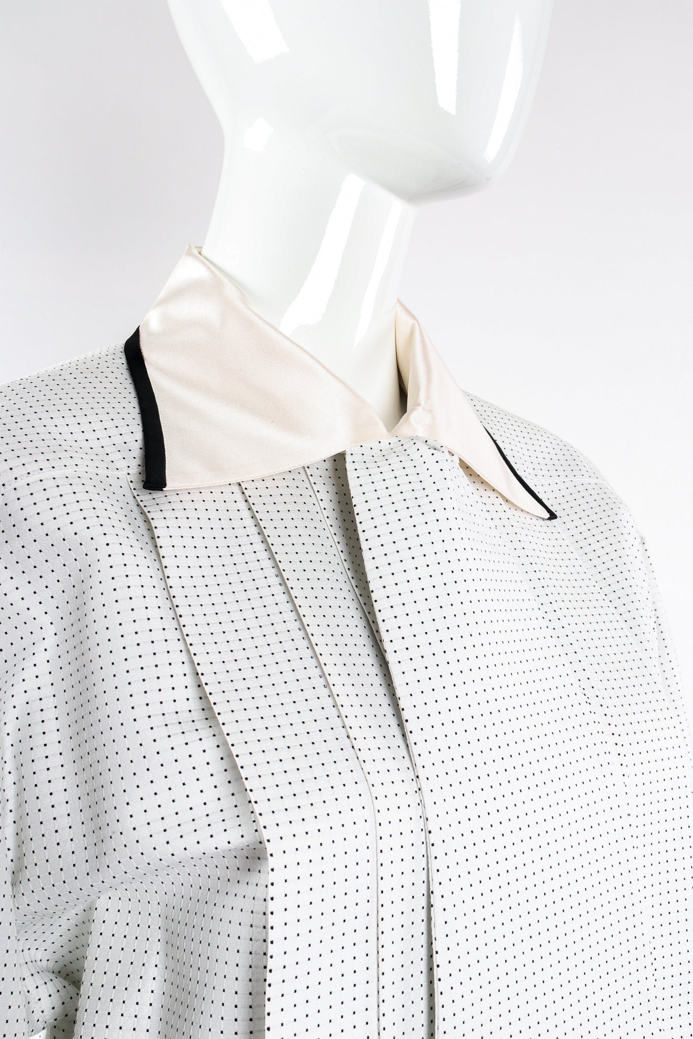 Vintage Escada Dobby Dot Tassel Tie Shirt on Mannequin collar angle at Recess Los Angeles