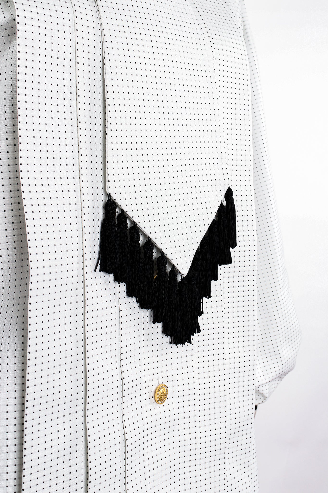 Vintage Escada Dobby Dot Tassel Tie Shirt on Mannequin tie detail at Recess Los Angeles