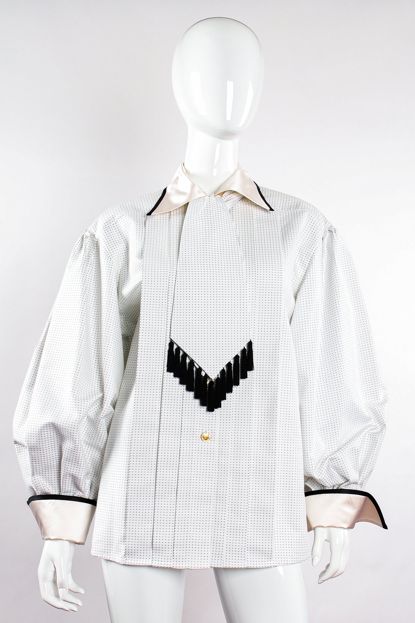 Vintage Escada Dobby Dot Tassel Tie Shirt on Mannequin front at Recess Los Angeles