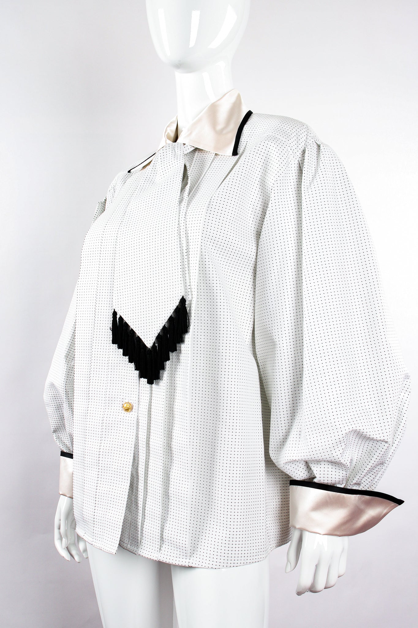 Vintage Escada Dobby Dot Tassel Tie Shirt on Mannequin angle at Recess Los Angeles