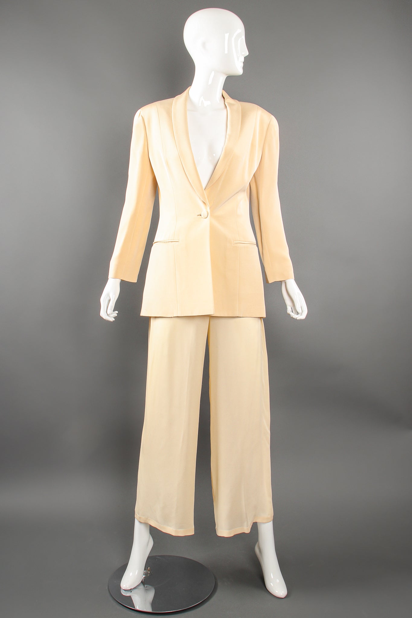 Vintage Eva Chun Silk Jacket & Chiffon Pant Suit Set on Mannequin front at Recess Los Angeles