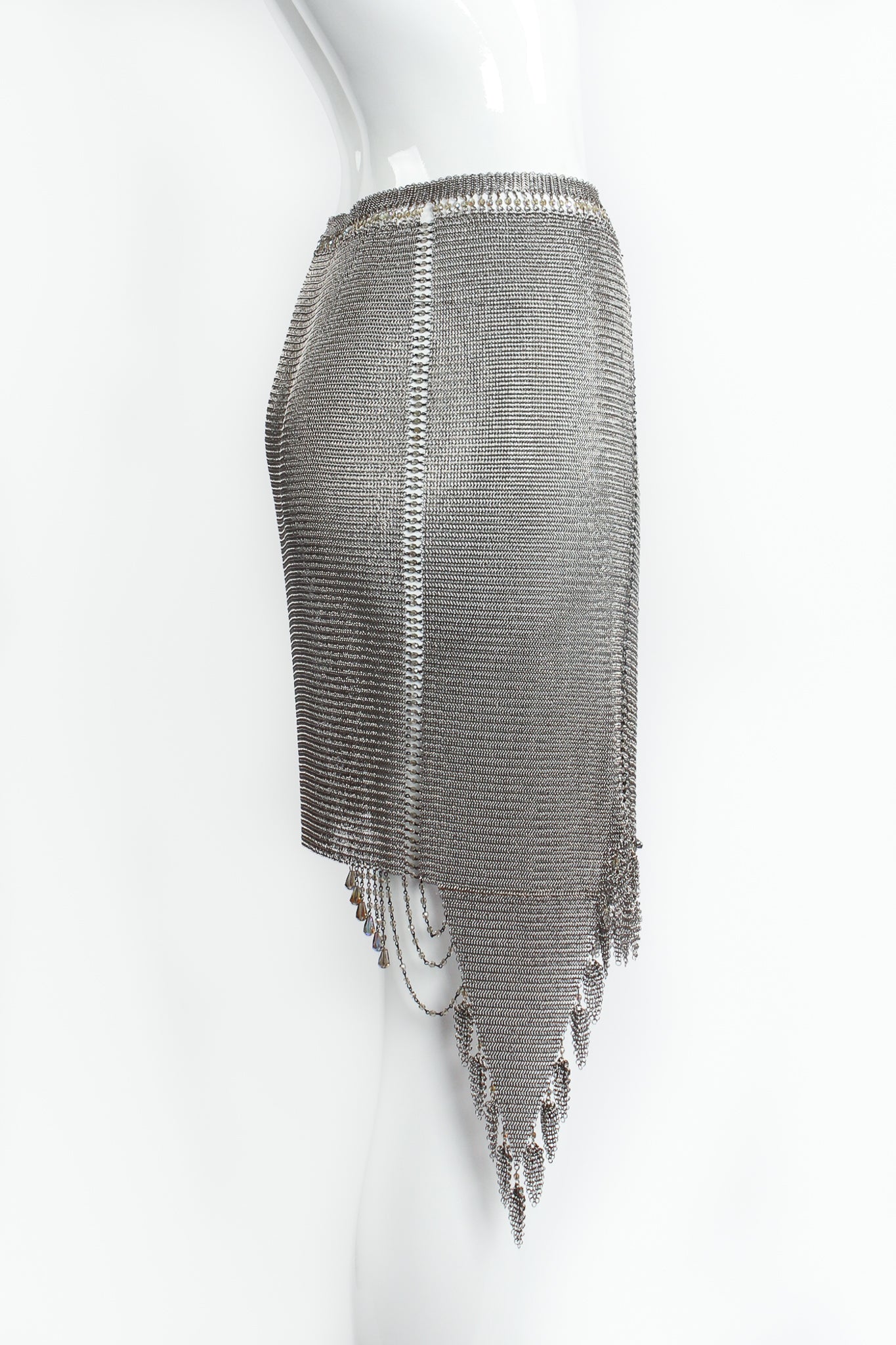 Vintage Anthony Ferrara Asymmetrical Pewter Ring Mesh Wrap Skirt on Mannequin side @ Recess