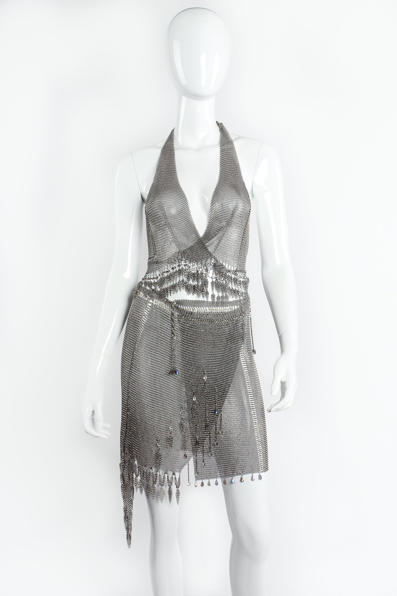 Vintage Anthony Ferrara Asymmetrical Pewter Ring Mesh Wrap Skirt outfit on Mannequin @ Recess