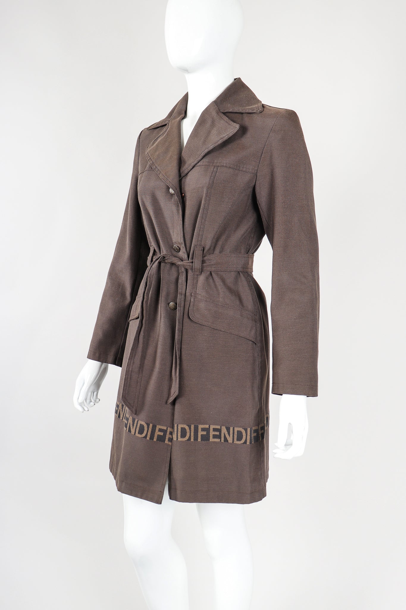 Recess Vintage Fendi Brown Canvas Trench Coat on Mannenquin