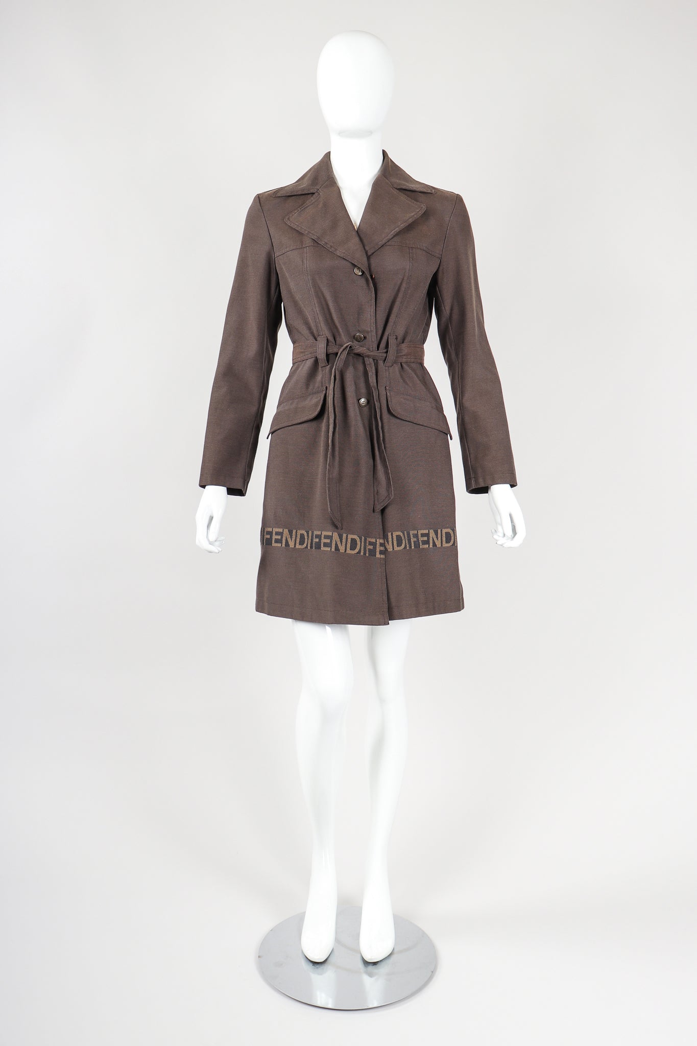 Recess Vintage Fendi Brown Canvas Trench Coat on Mannequin, front