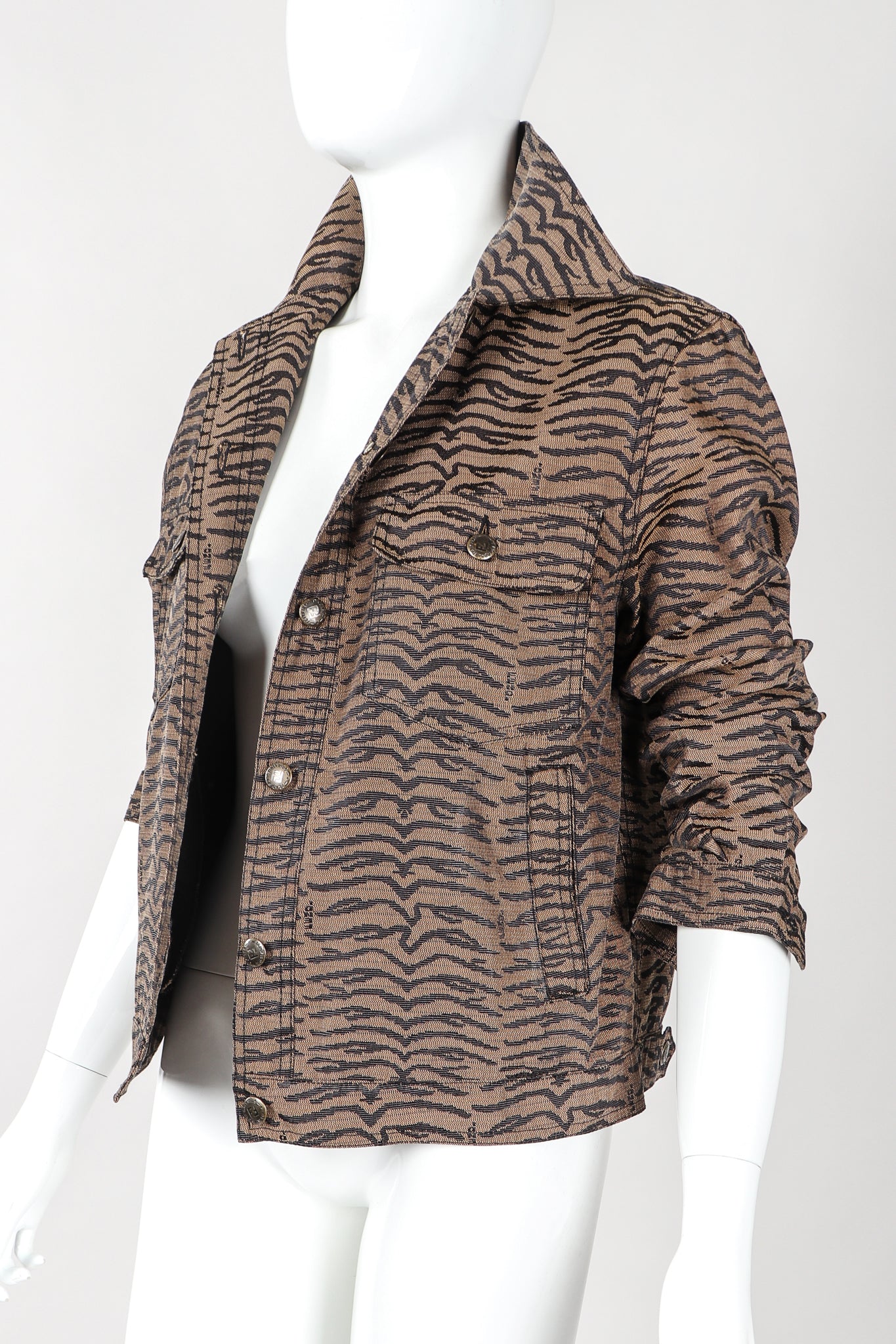 Recess Vintage Fendi Brown Tiger Twill Jean Jacket unbuttoned on Mannequin