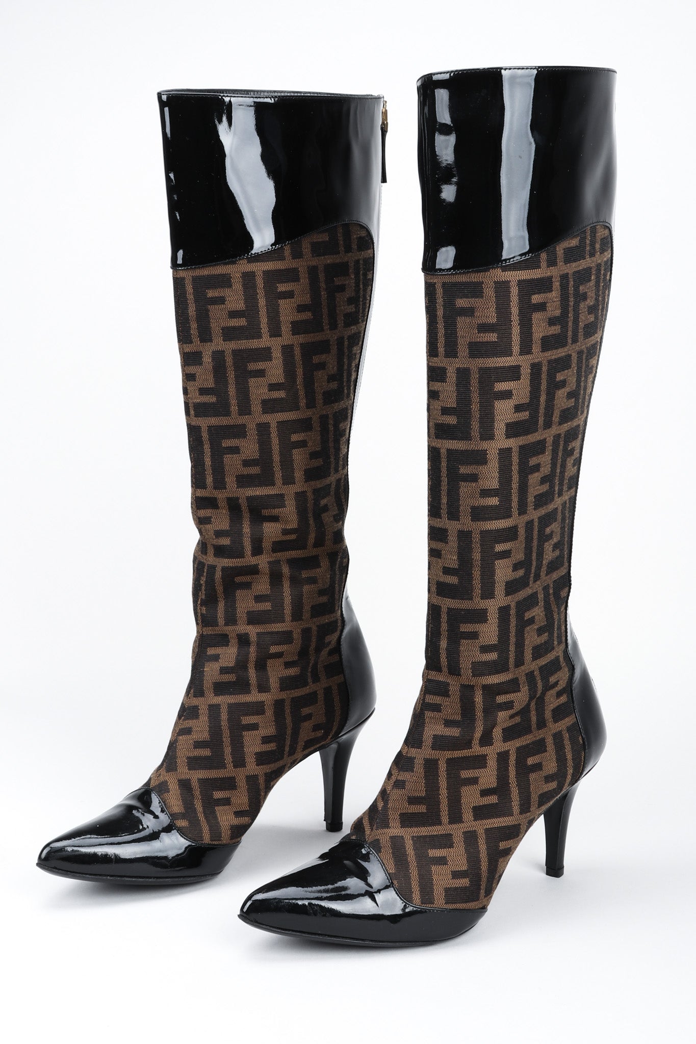 Recess Los Angeles Vintage Fendi Zucca Double F Monogram Patent Leather Trim Boots Pointed Toe