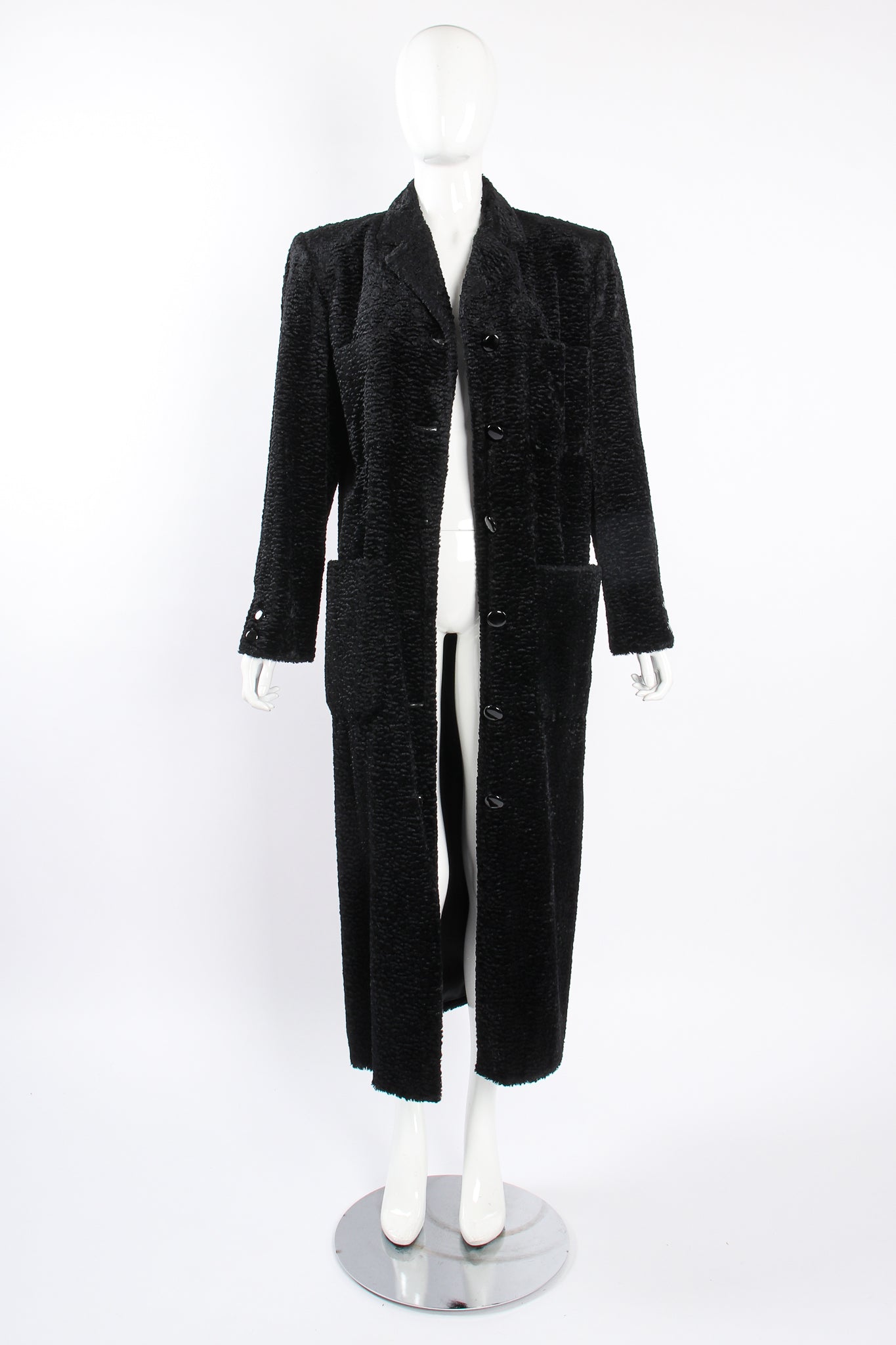 Vintage Fendi Faux Astrakhan  Curly Lamb Coat on Mannequin front open at Recess Los Angeles