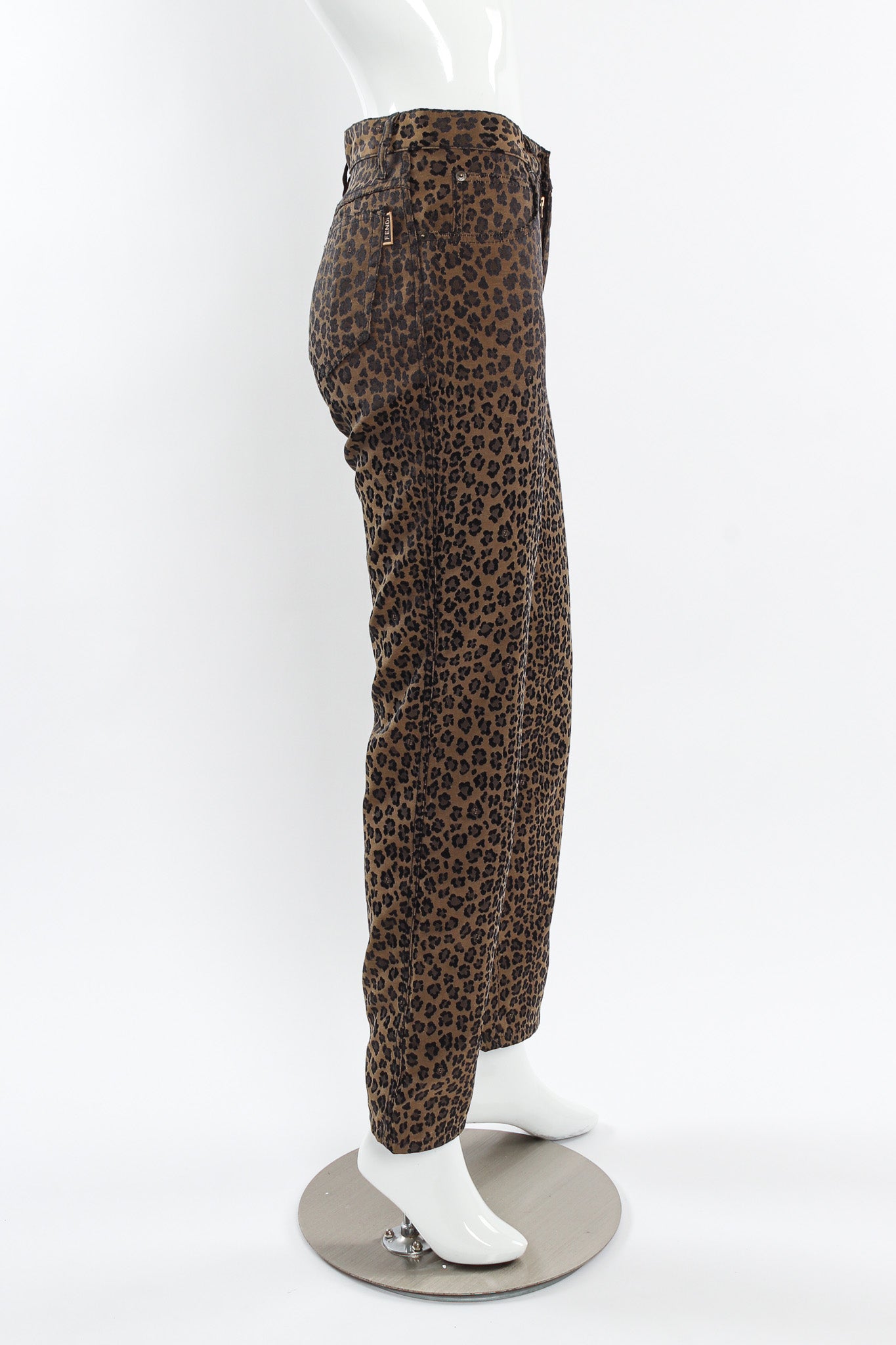 Vintage Fendi Leopard Signed Logo Print Jeans mannequin side  @ Recess LA