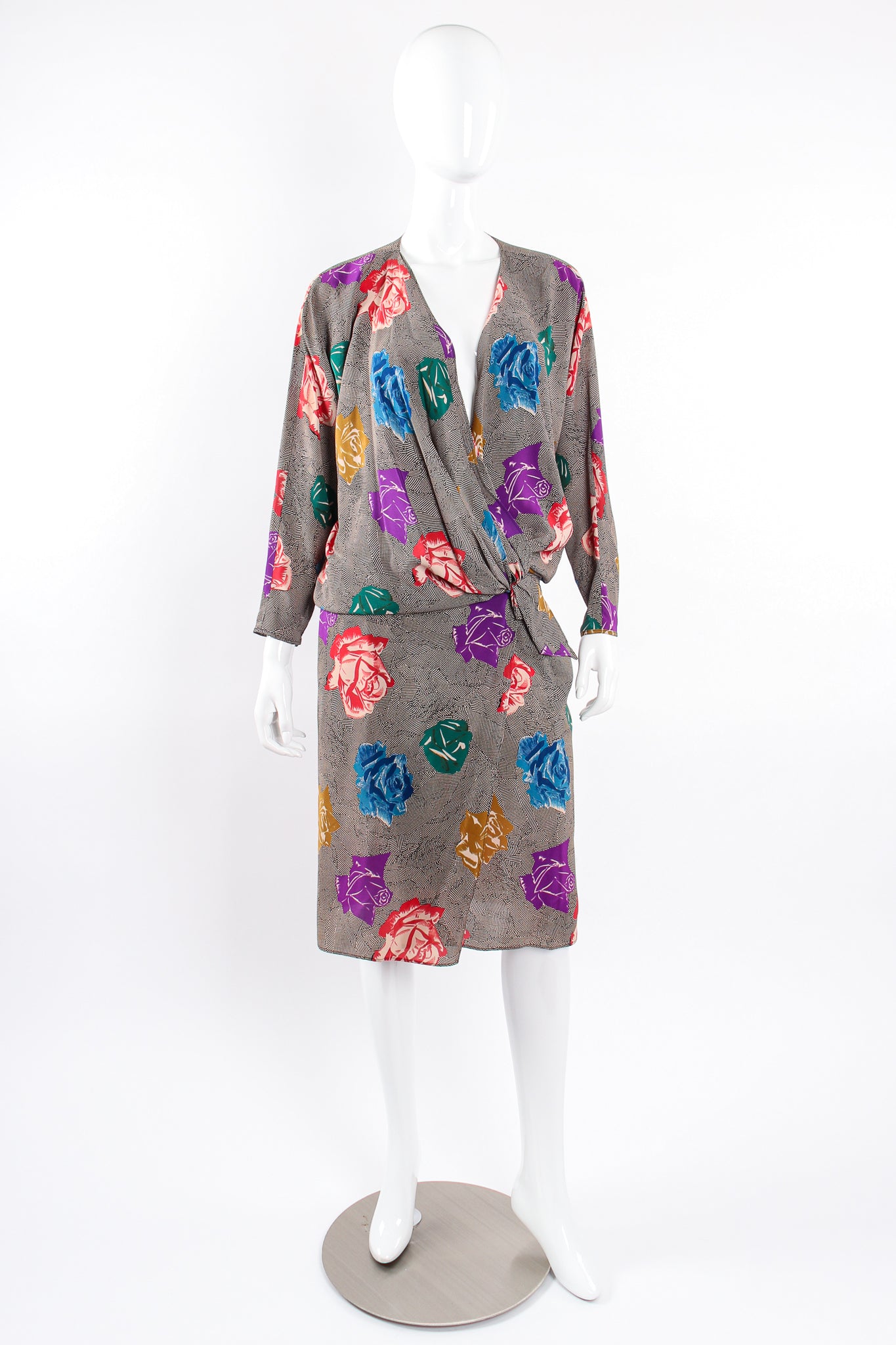 Vintage Ferrante Silk Floral Faux Wrap Dolman Dress on Mannequin plunge front @ Recess LA
