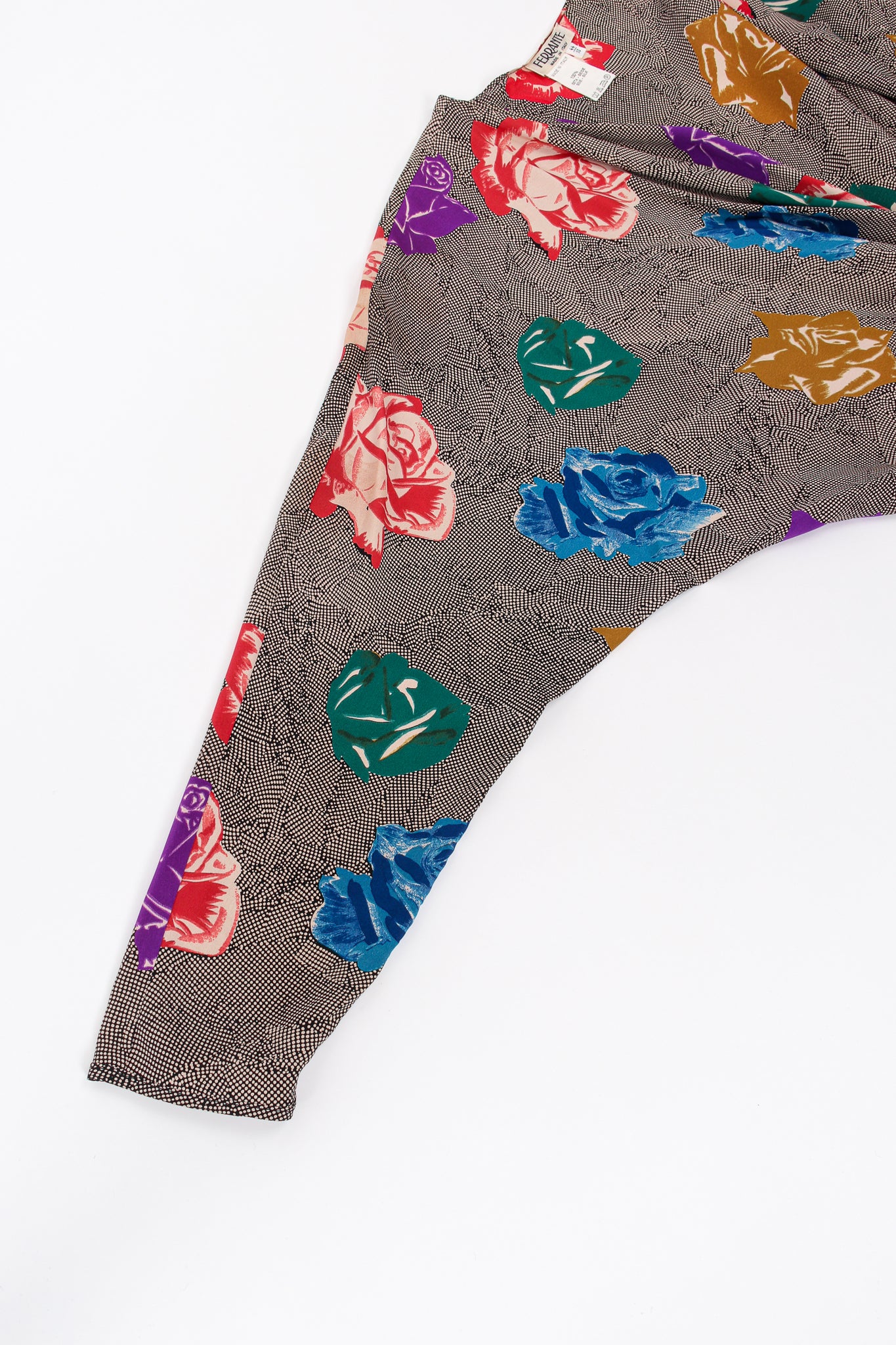 Vintage Ferrante Silk Floral Faux Wrap Dolman Dress sleeve flat @ Recess LA