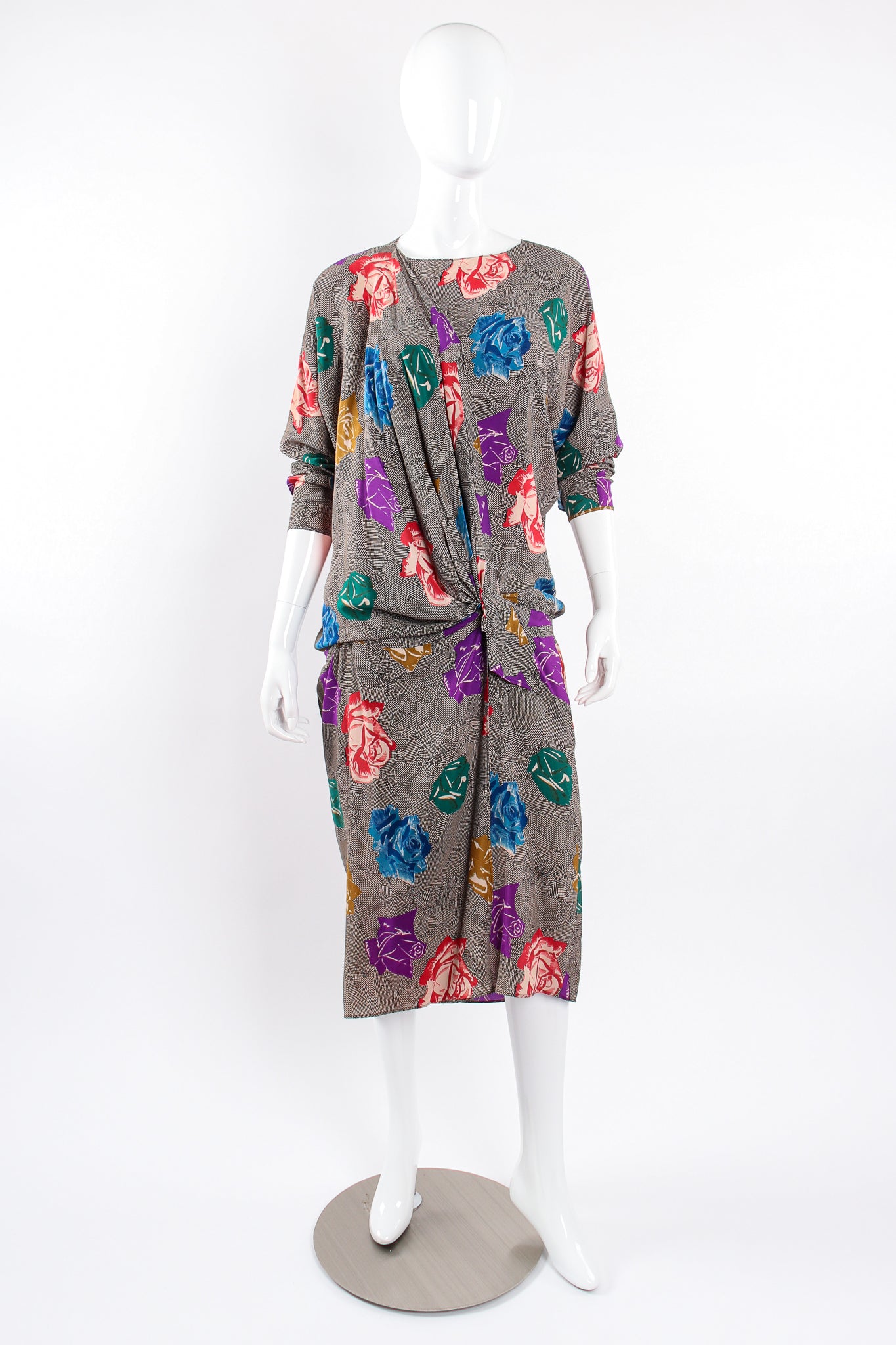 Vintage Ferrante Silk Floral Faux Wrap Dolman Dress on Mannequin high neck unclip front @ Recess LA