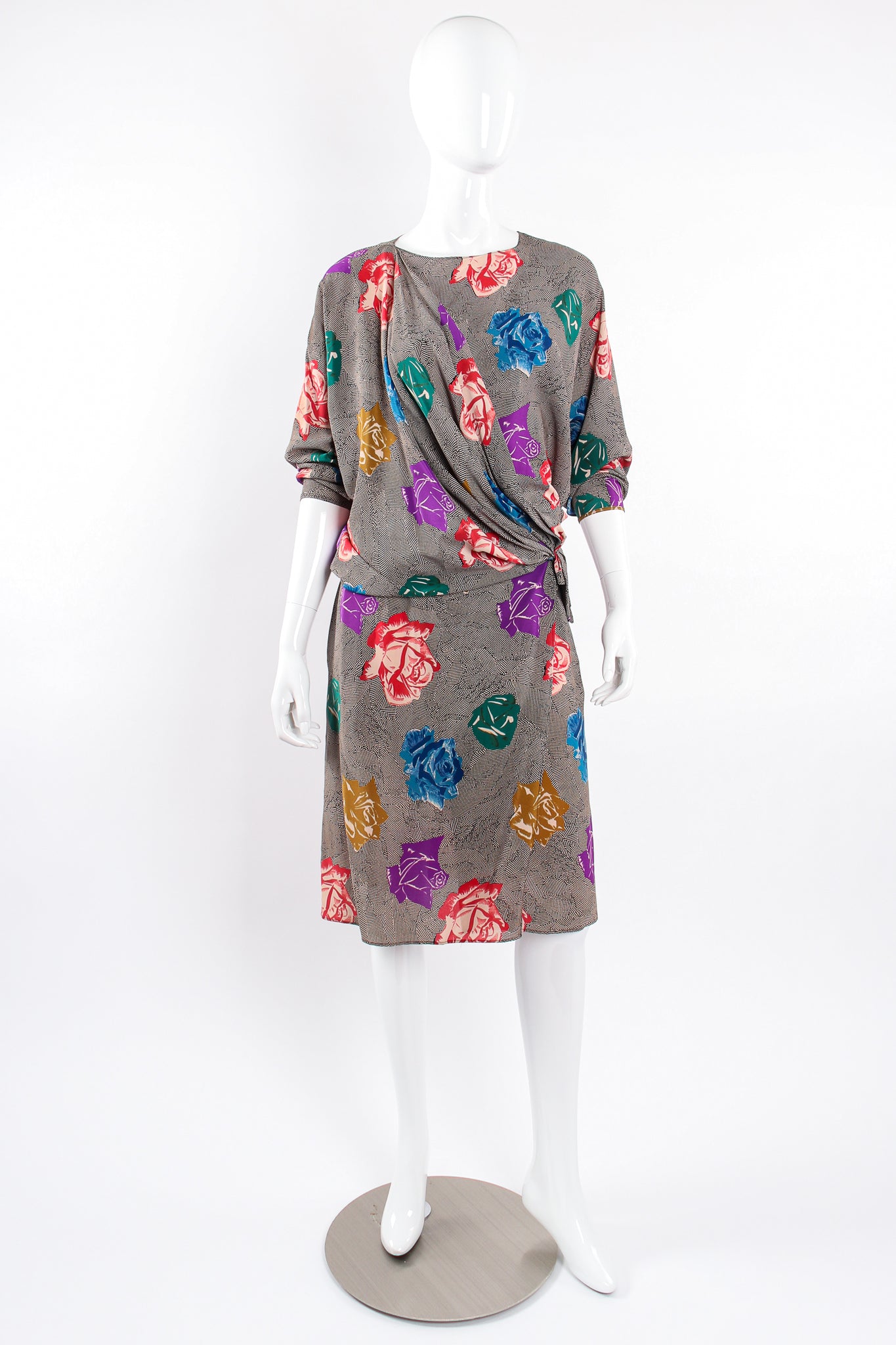 Vintage Ferrante Silk Floral Faux Wrap Dolman Dress on Mannequin high neck clip @ Recess LA