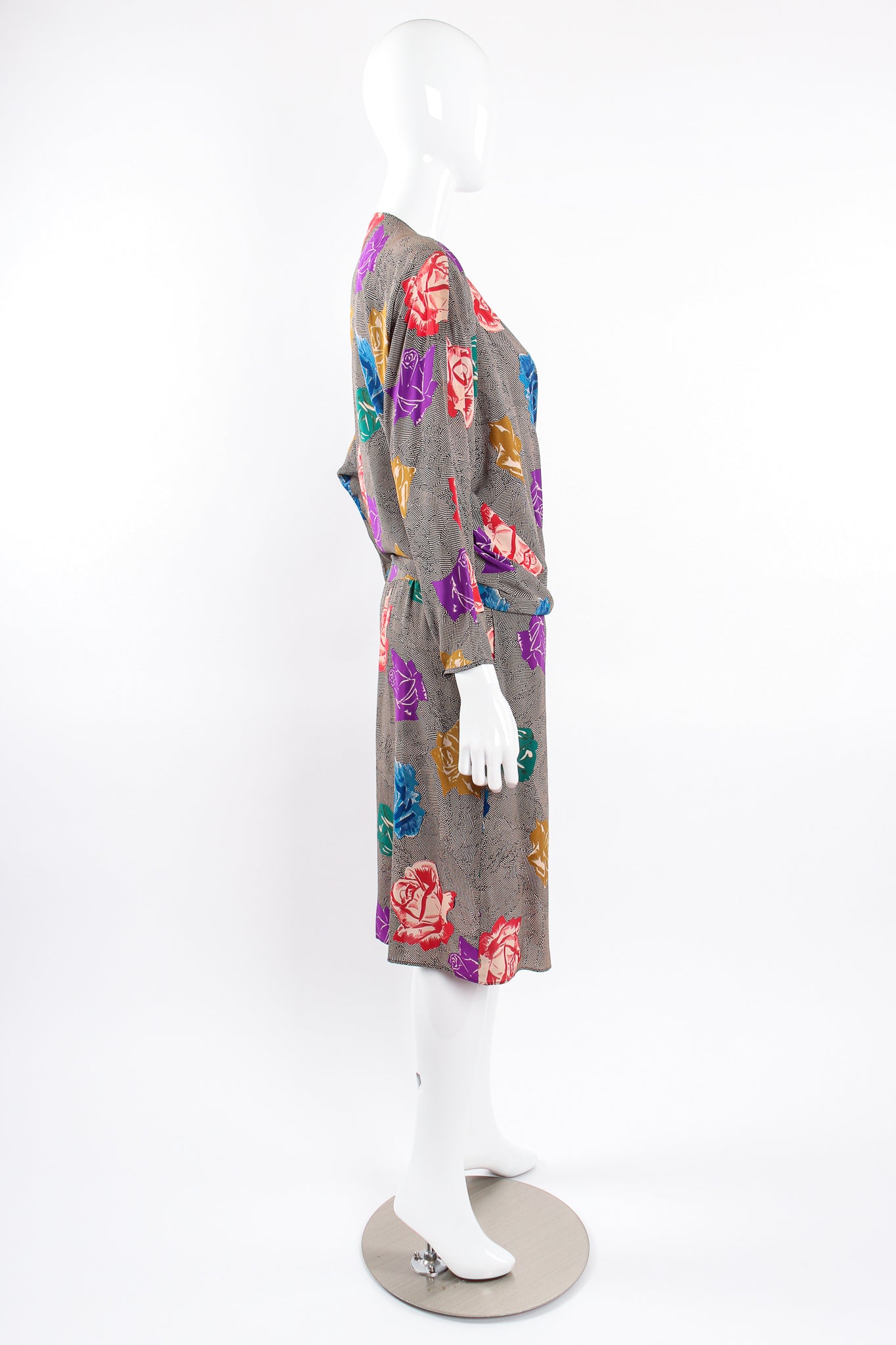 Vintage Ferrante Silk Floral Faux Wrap Dolman Dress on Mannequin plunge side @ Recess LA