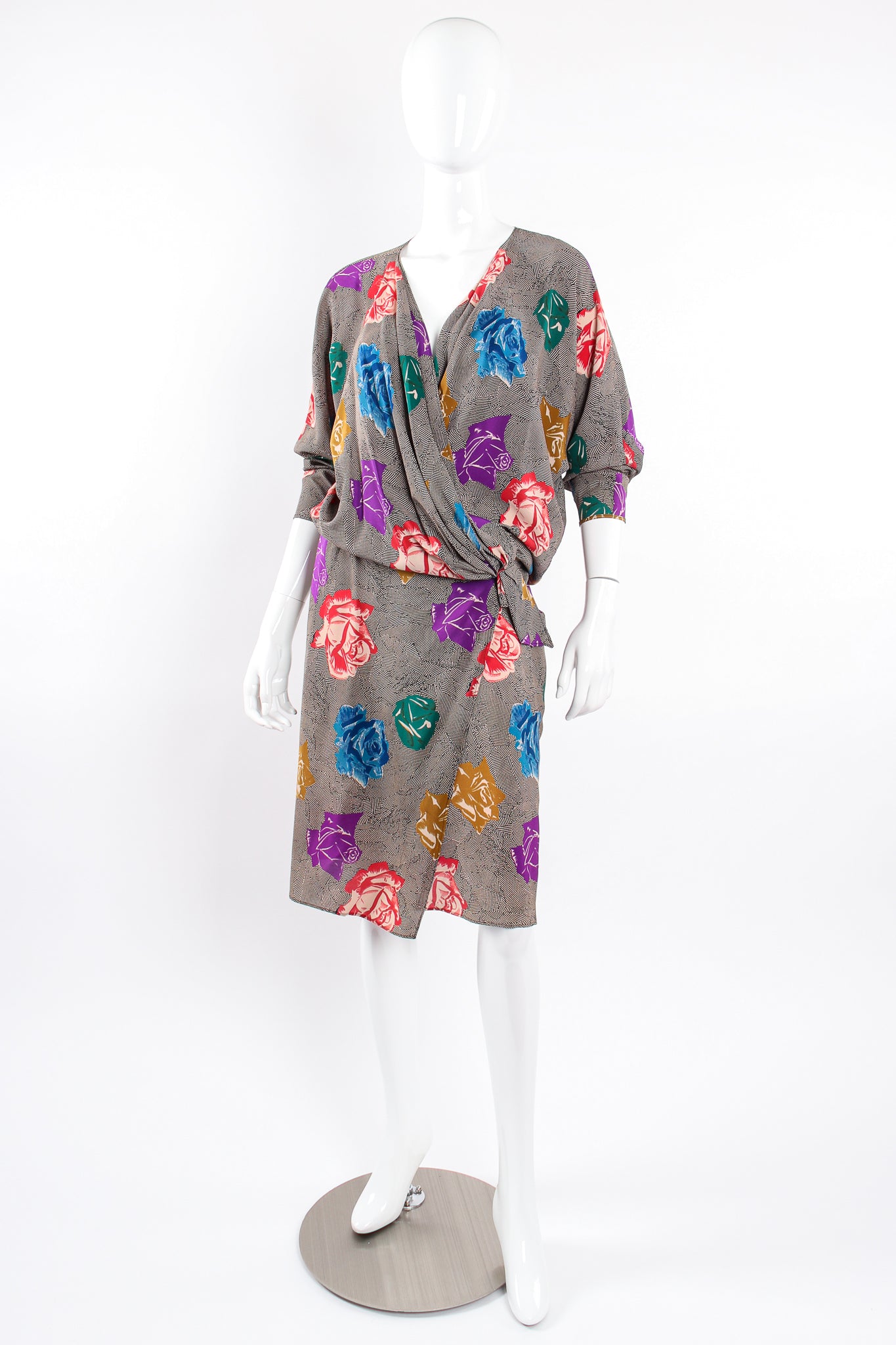 Vintage Ferrante Silk Floral Faux Wrap Dolman Dress on Mannequin plunge clip @ Recess LA