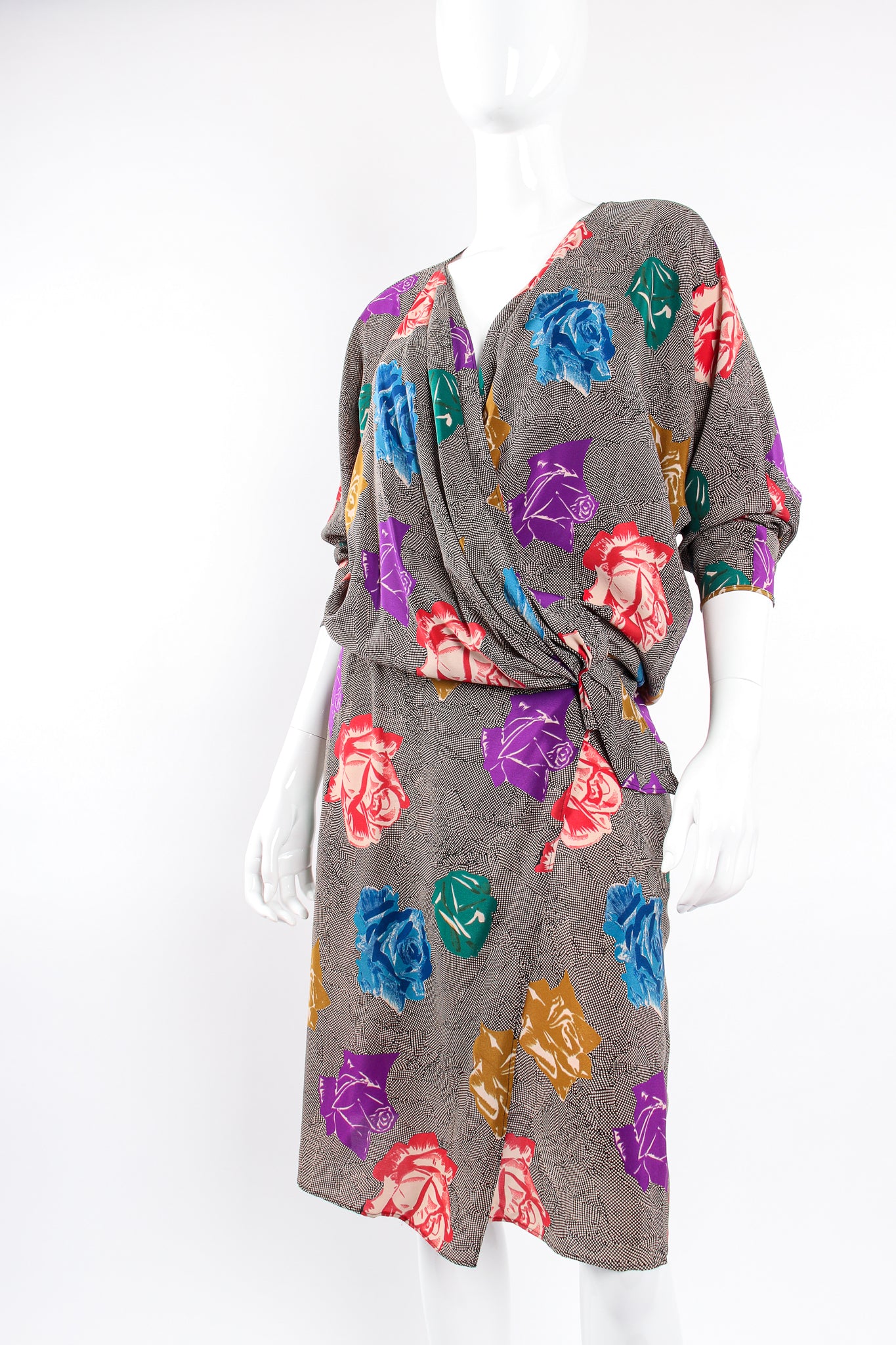 Vintage Ferrante Silk Floral Faux Wrap Dolman Dress on Mannequin plunge crop @ Recess LA