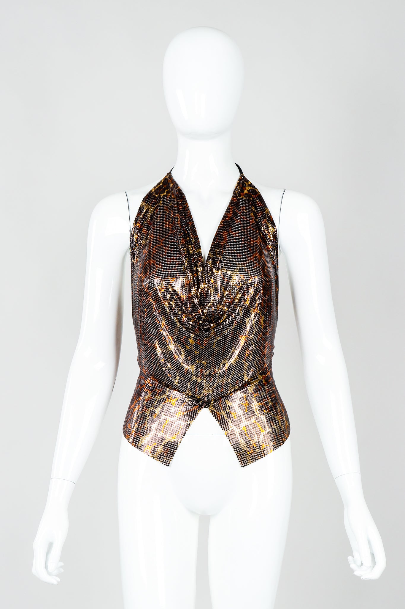 Vintage Anthon Ferrara Bronze Leopard Liquid Metal Mesh Halter Tie Top on Mannequin front at Recess