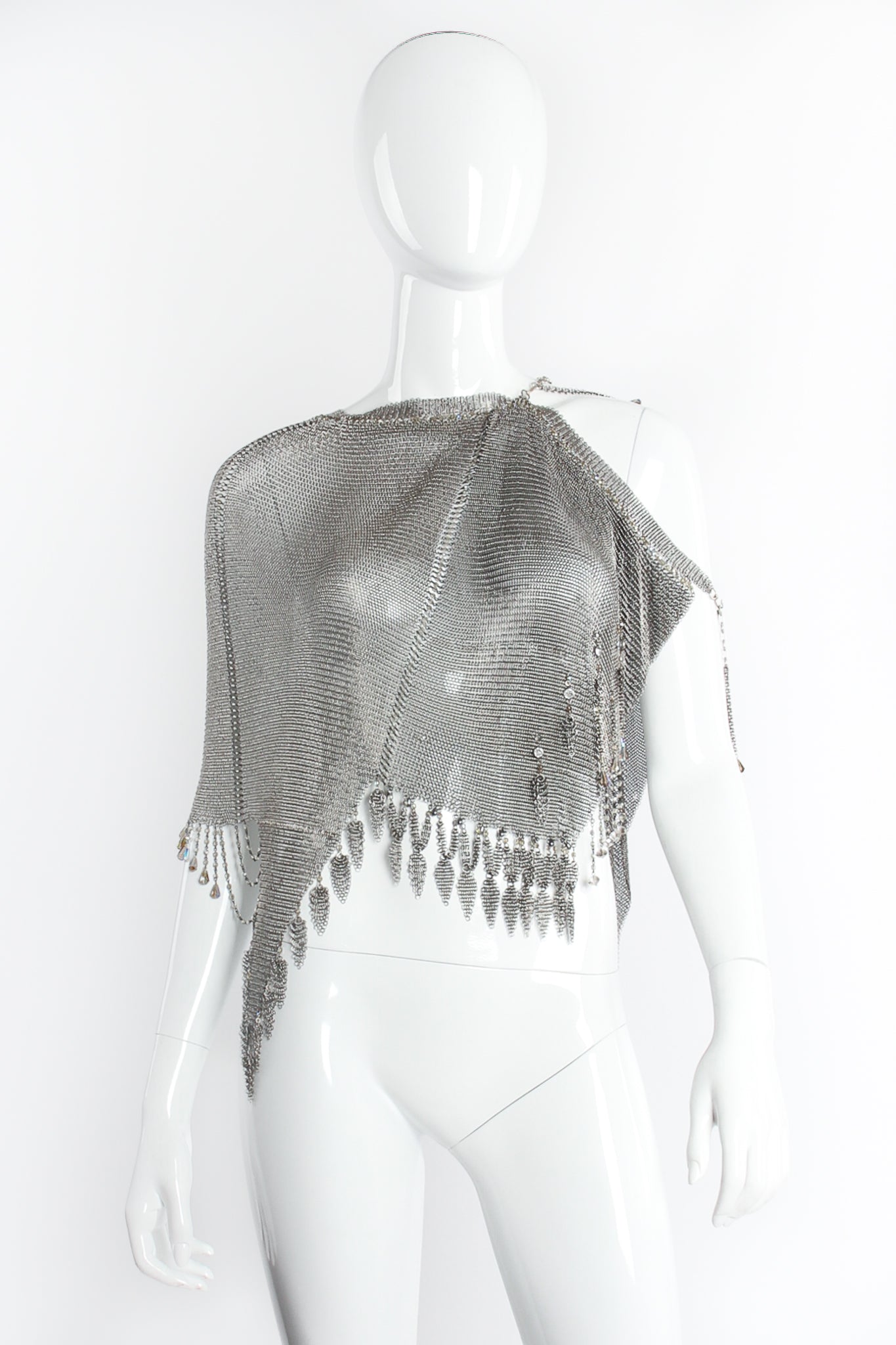 Vintage Anthony Ferrara Asymmetrical Pewter Ring Mesh Wrap Skirt on Mannequin cape @ Recess