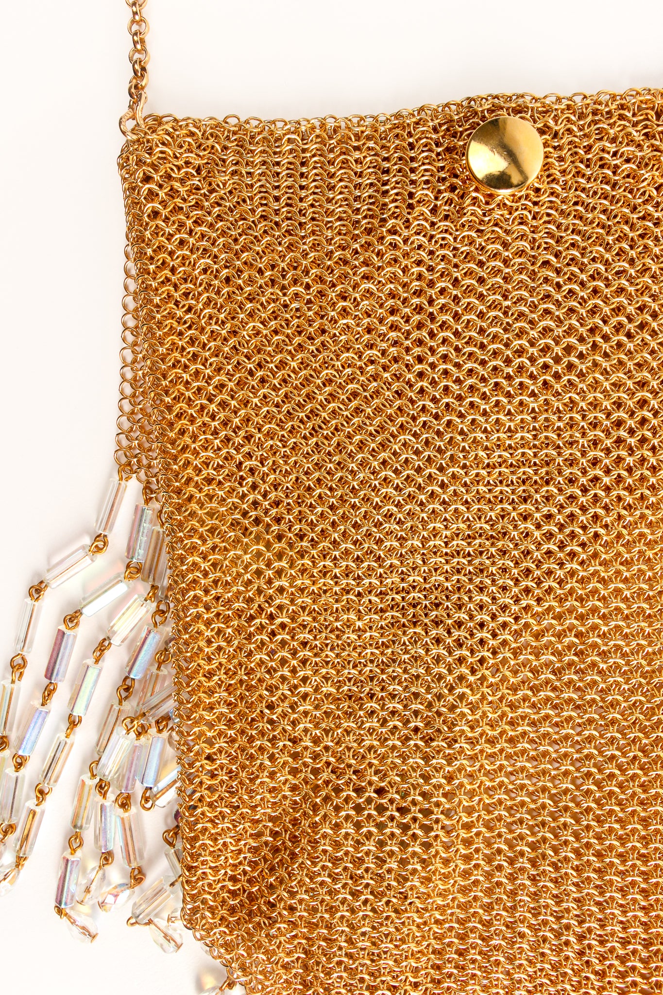 Vintage Anthony Ferrara Gold Plated Mesh Asymmetrical Bead Fringe Bag detail at Recess Los Angeles