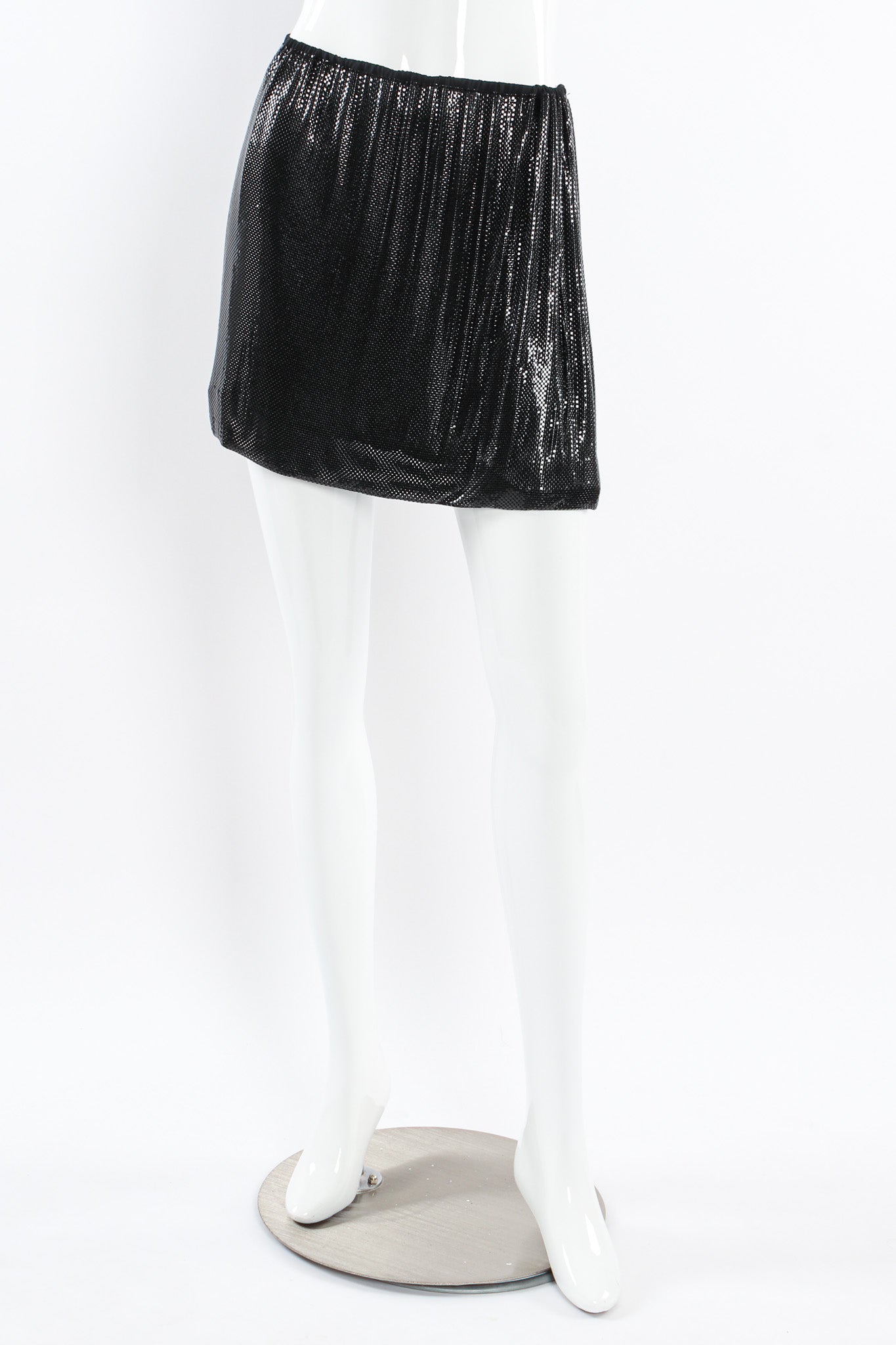 Vintage Ferrara Glossy Metal Mesh Mini Skirt mannequin front @ Recess LA