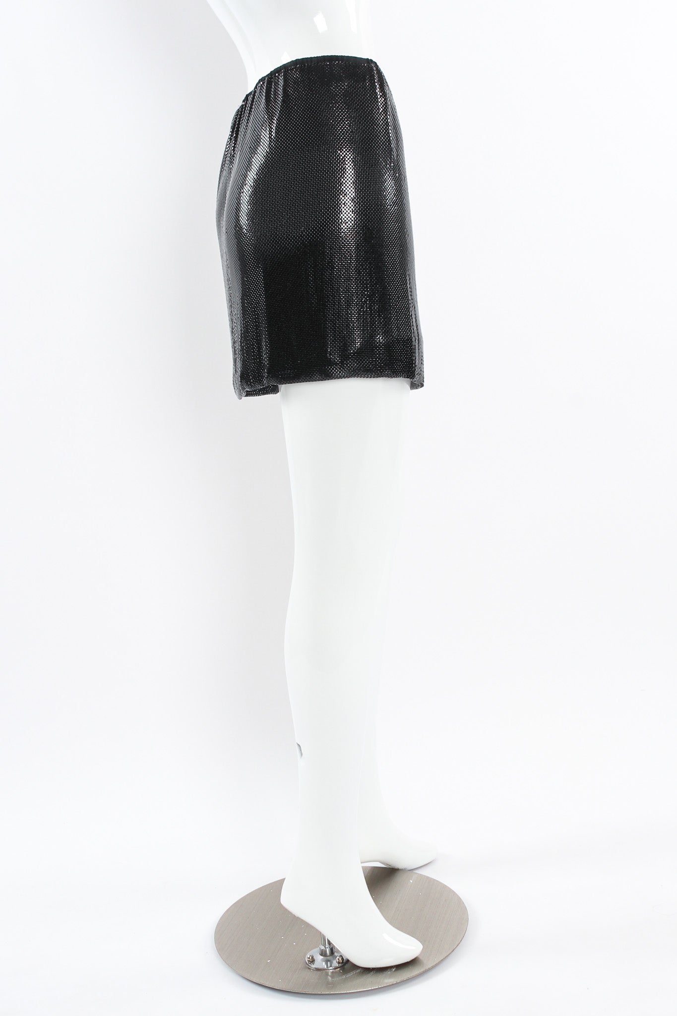 Vintage Ferrara Glossy Metal Mesh Mini Skirt mannequin side @ Recess LA