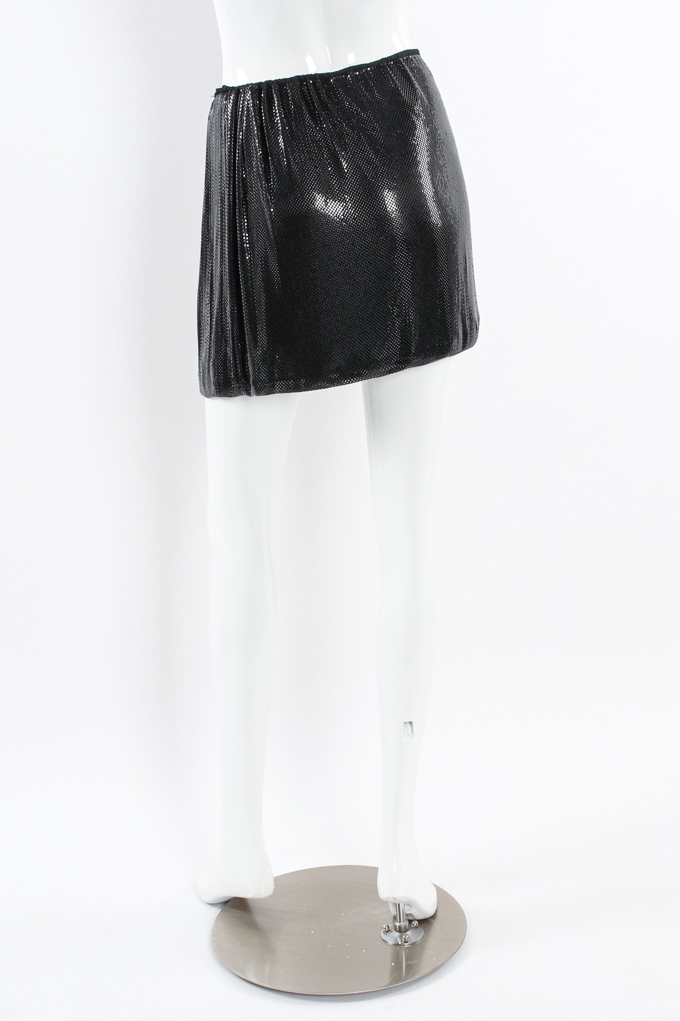 Vintage Ferrara Glossy Metal Mesh Mini Skirt mannequin back @ Recess LA