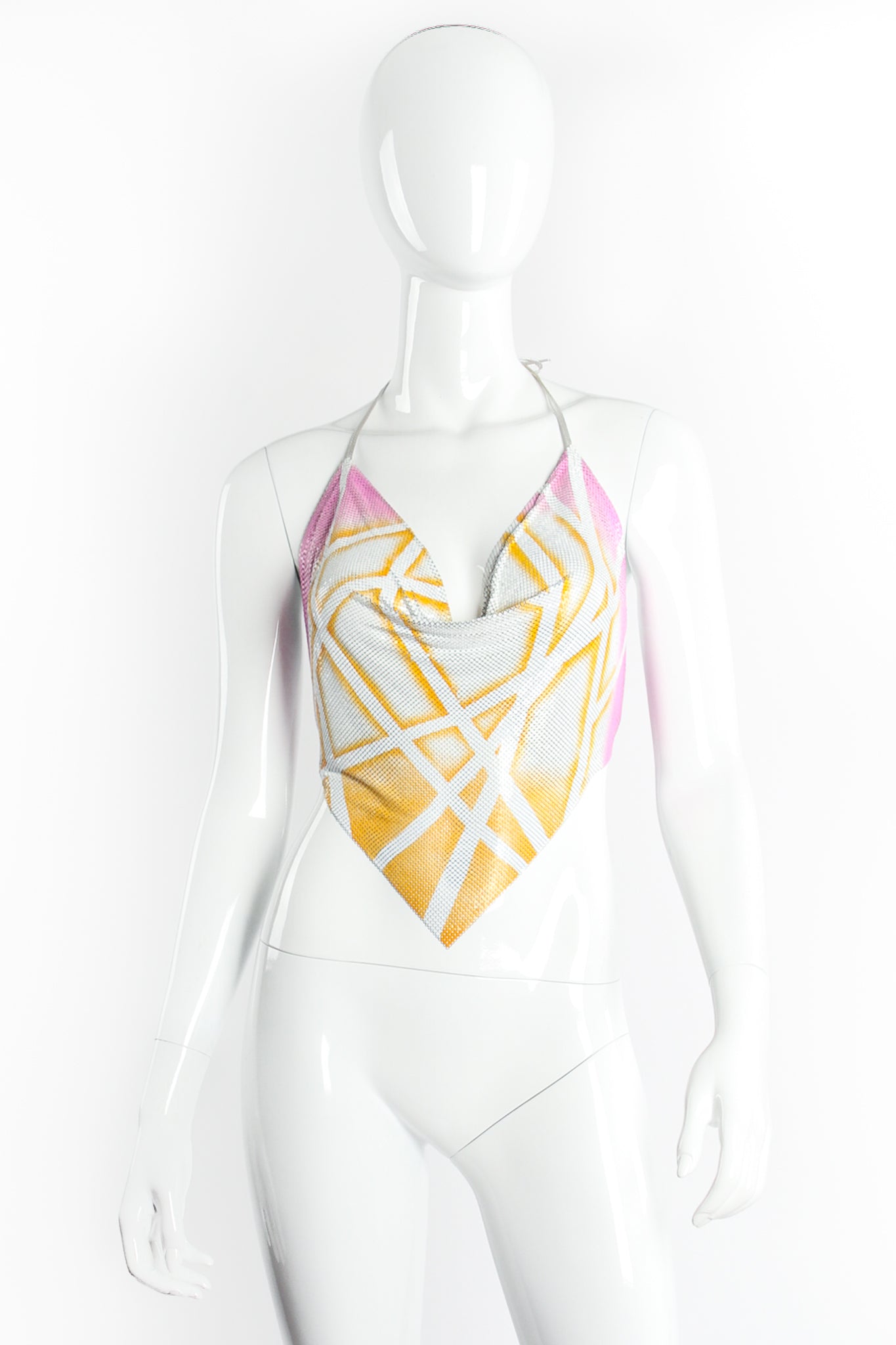Vintage Anthony Ferrara Hand Painted Pointed Metal Mesh Halter on mannequin front @ Recess LA