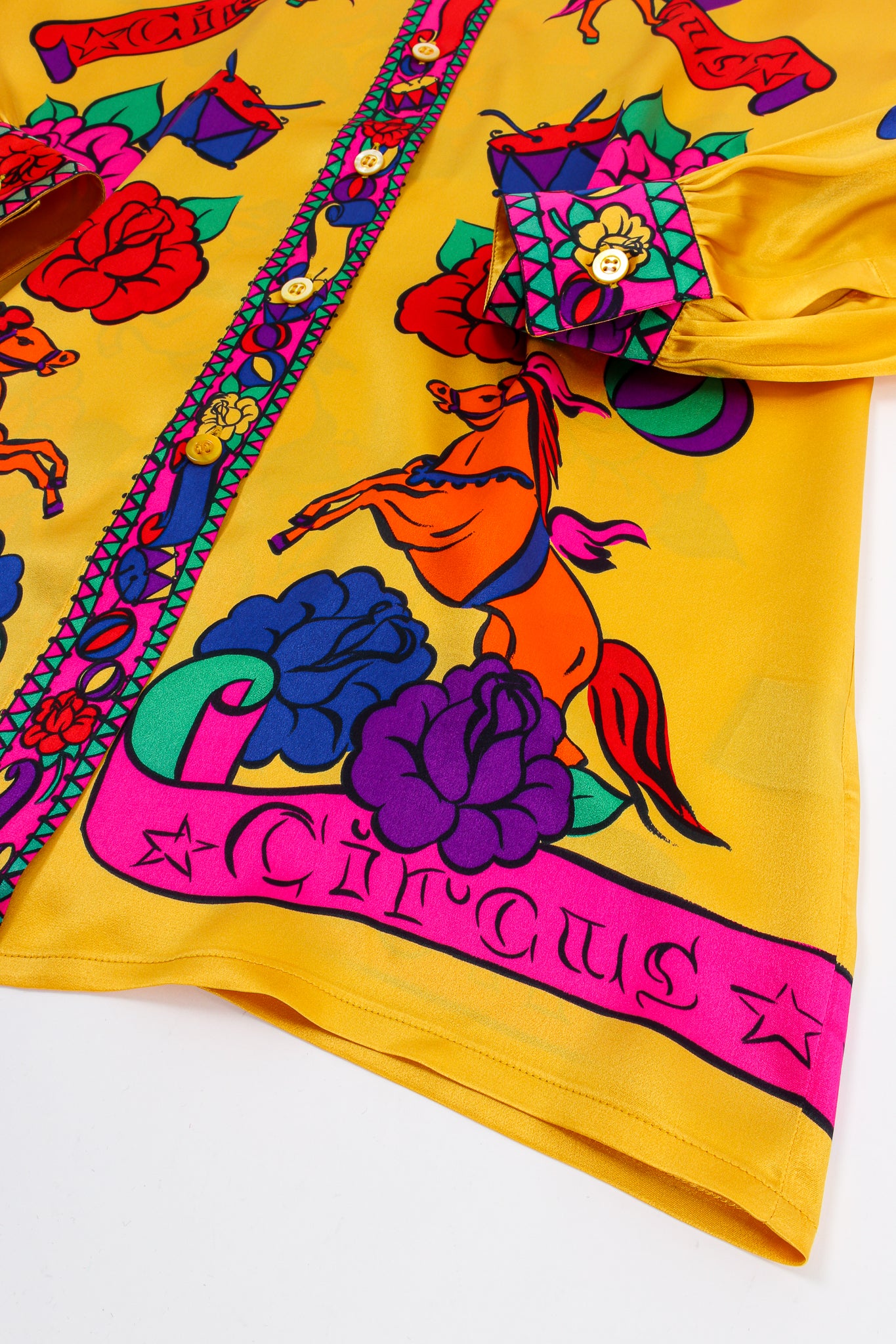 Vintage Escada Circus Print Silk Shirt Hermes Inspired print detail at Recess LA