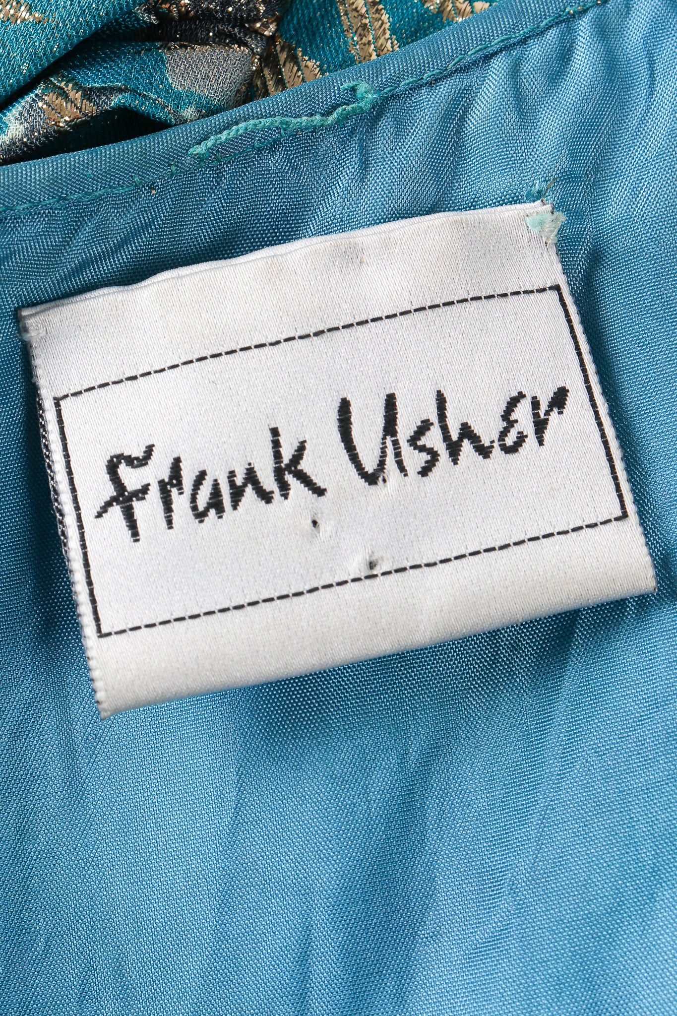 Vintage Frank Usher Asymmetrical Ruffle Hem Lamé Brocade Dress label at Recess Los Angeles